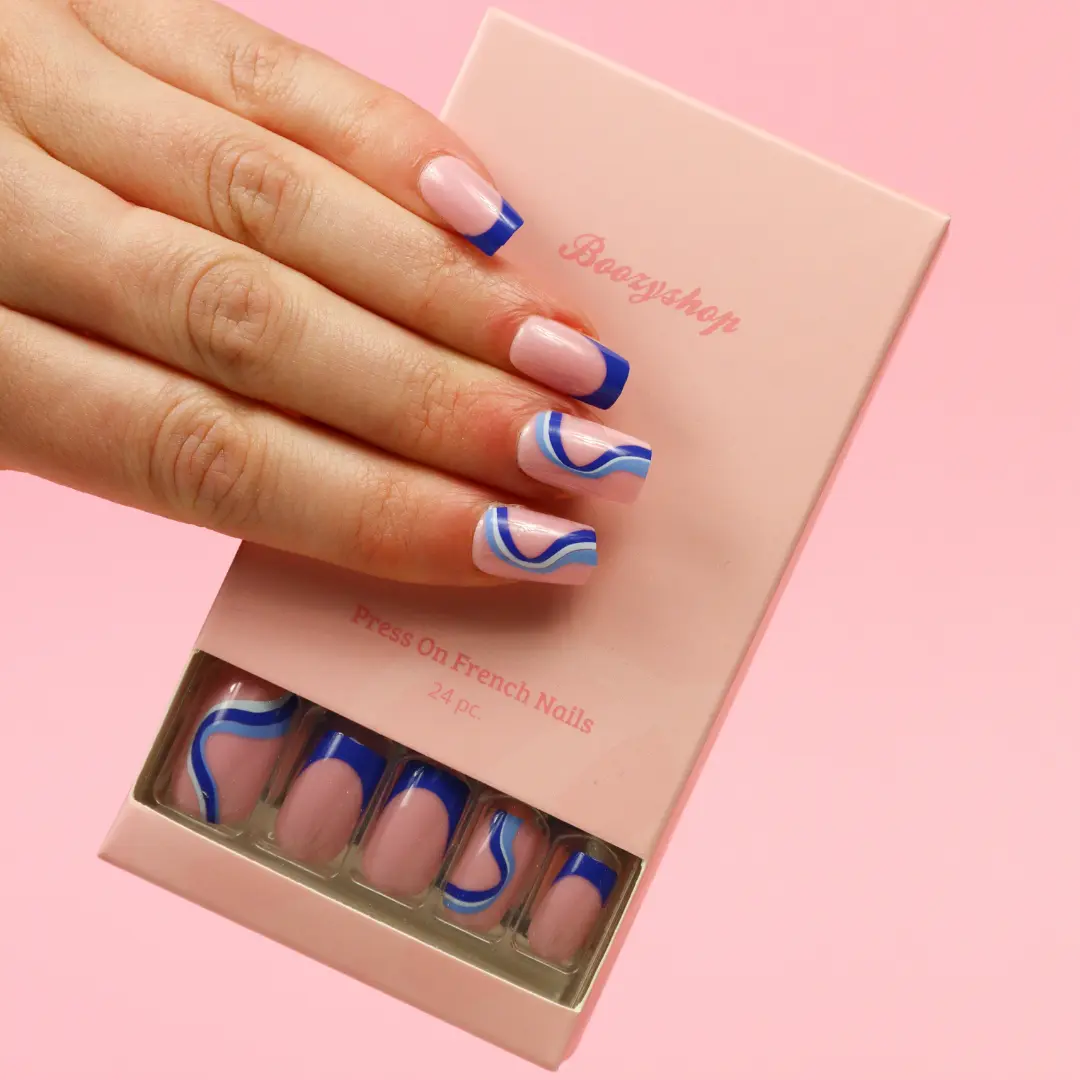 Press On French Nails Blue Waves