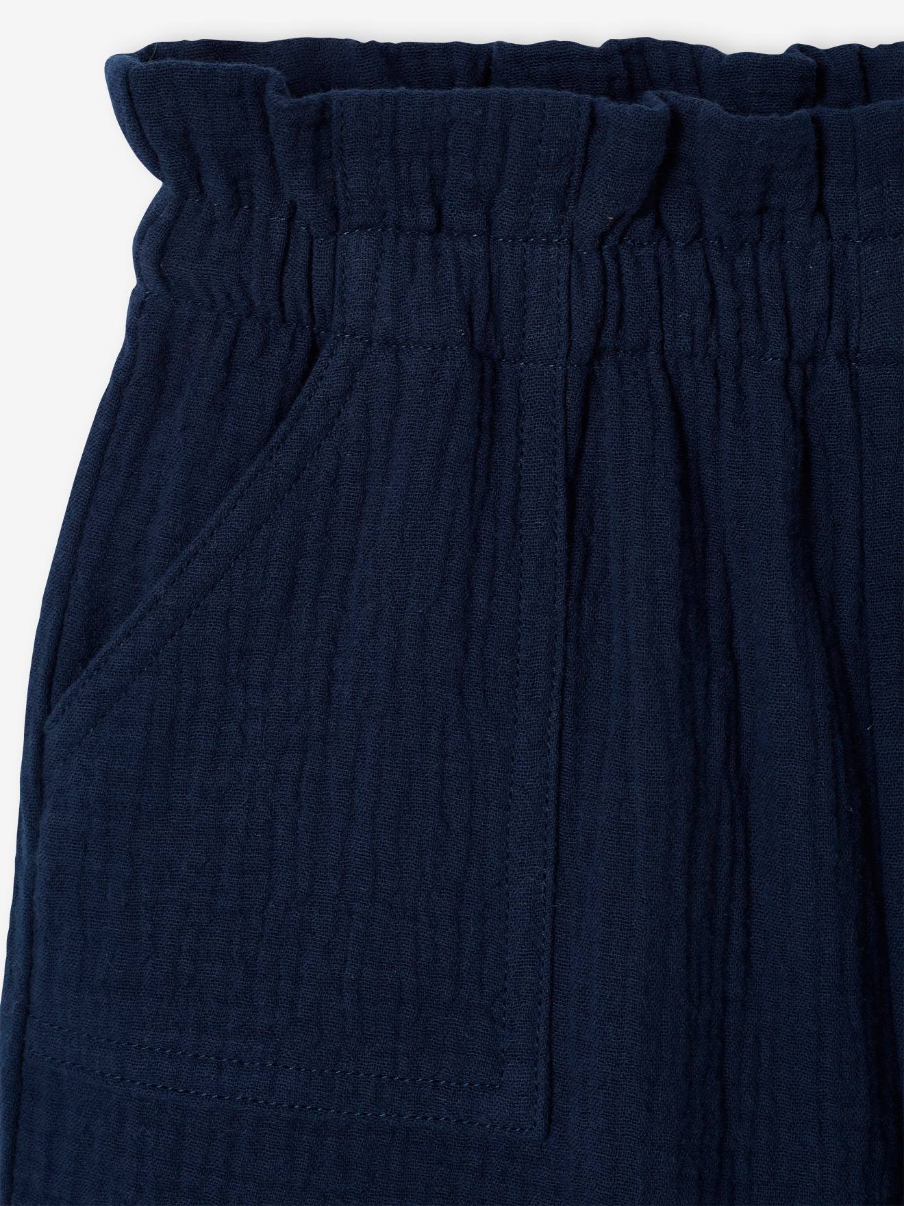 Conjunto de camiseta e shorts em chiffon de algodão azul marinho para meninas.