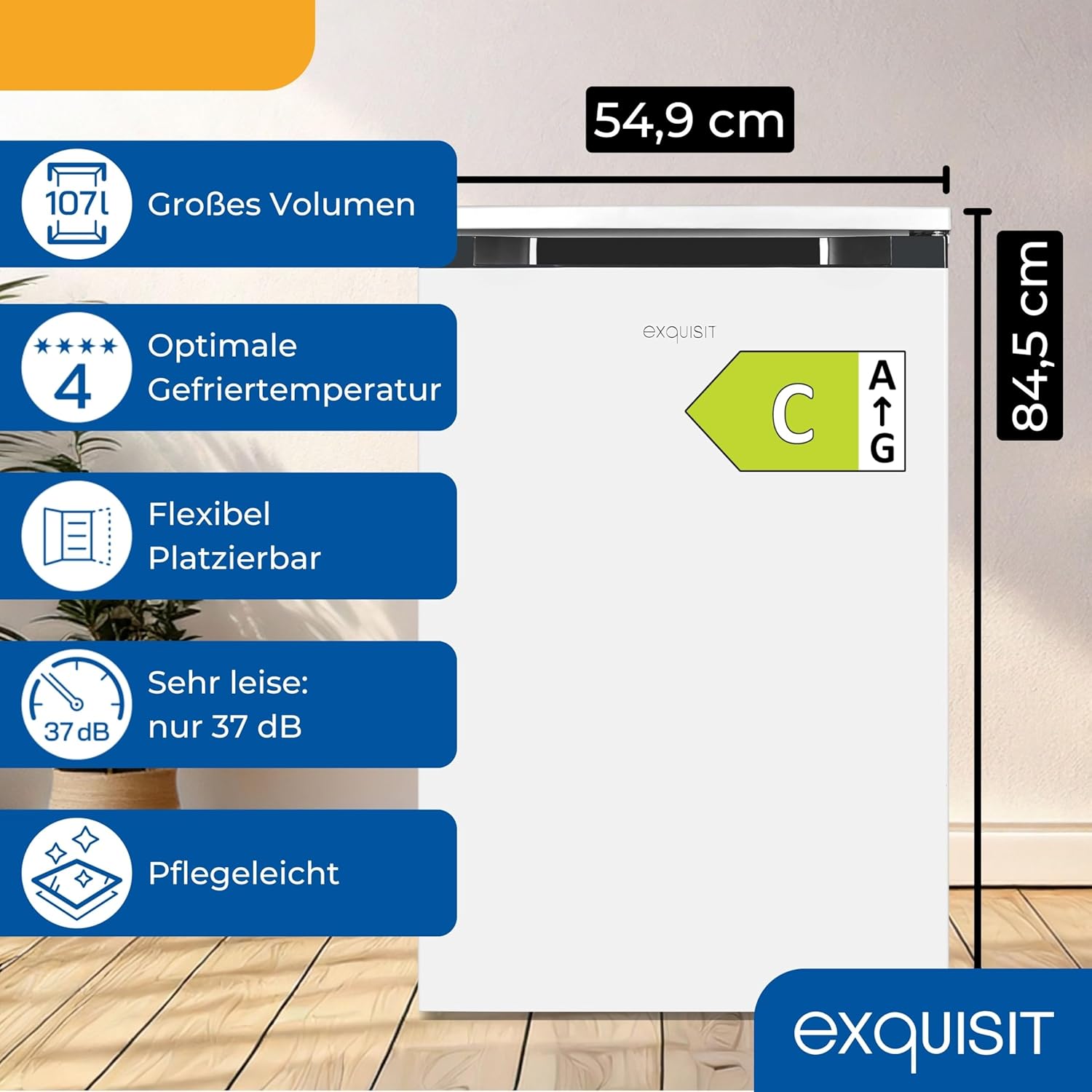 Exquisit Kühlschrank mit Gefrierfach | 107 l Nutzinhalt, Energieeffizienzklasse C, 37 dB(A) | schmale Bauform, 4-Sterne-Gefrierfach, LED-Beleuchtung, manuelle Temperaturregelung | KS516-4-051C weiss