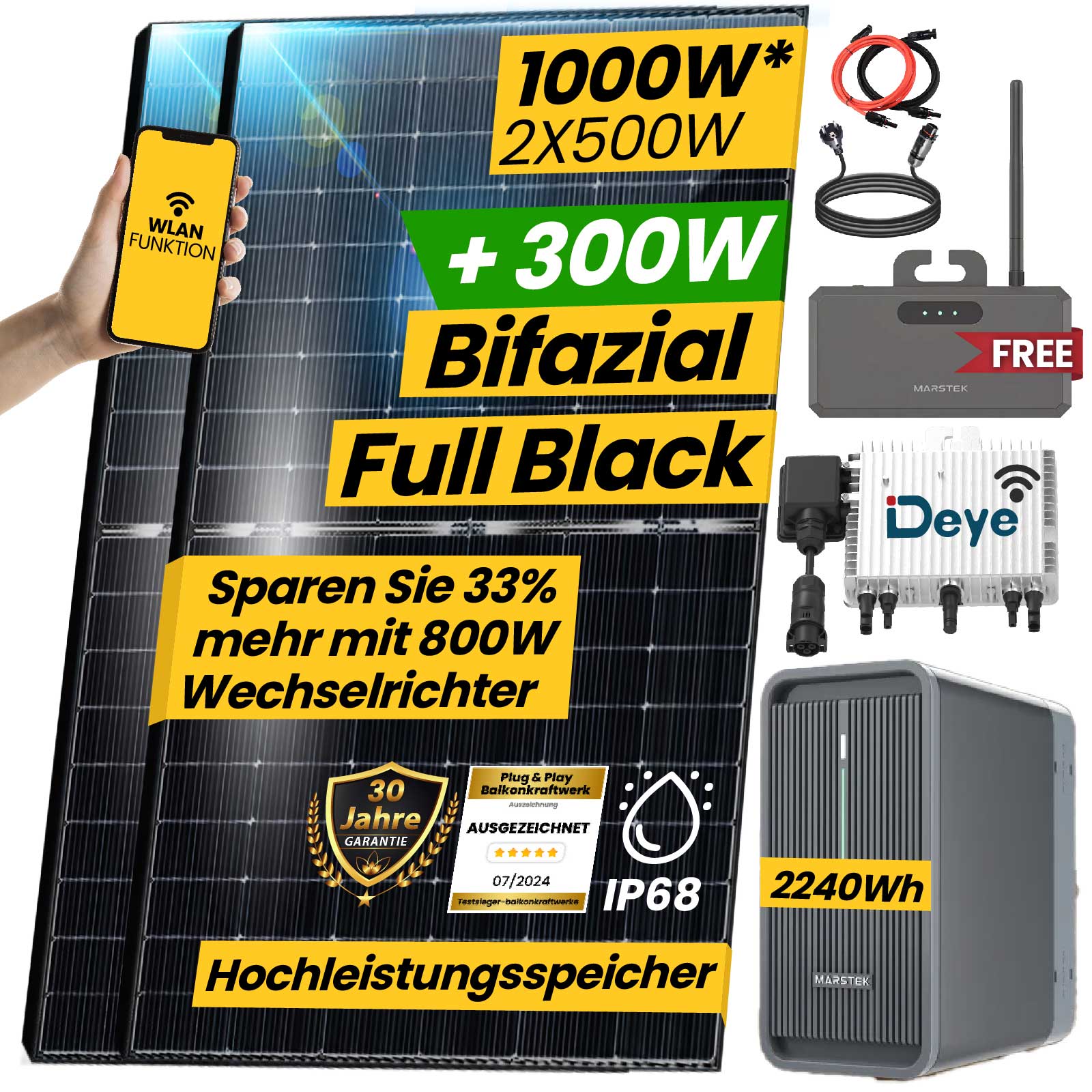 Epp 1000W/800W Balkonkraftwerk mit Speicher Komplettset 2,24 kWh Marstek B2500-D Speicher mit DEYE 800W WIFI Wechselrichter Smart Mini Anlage