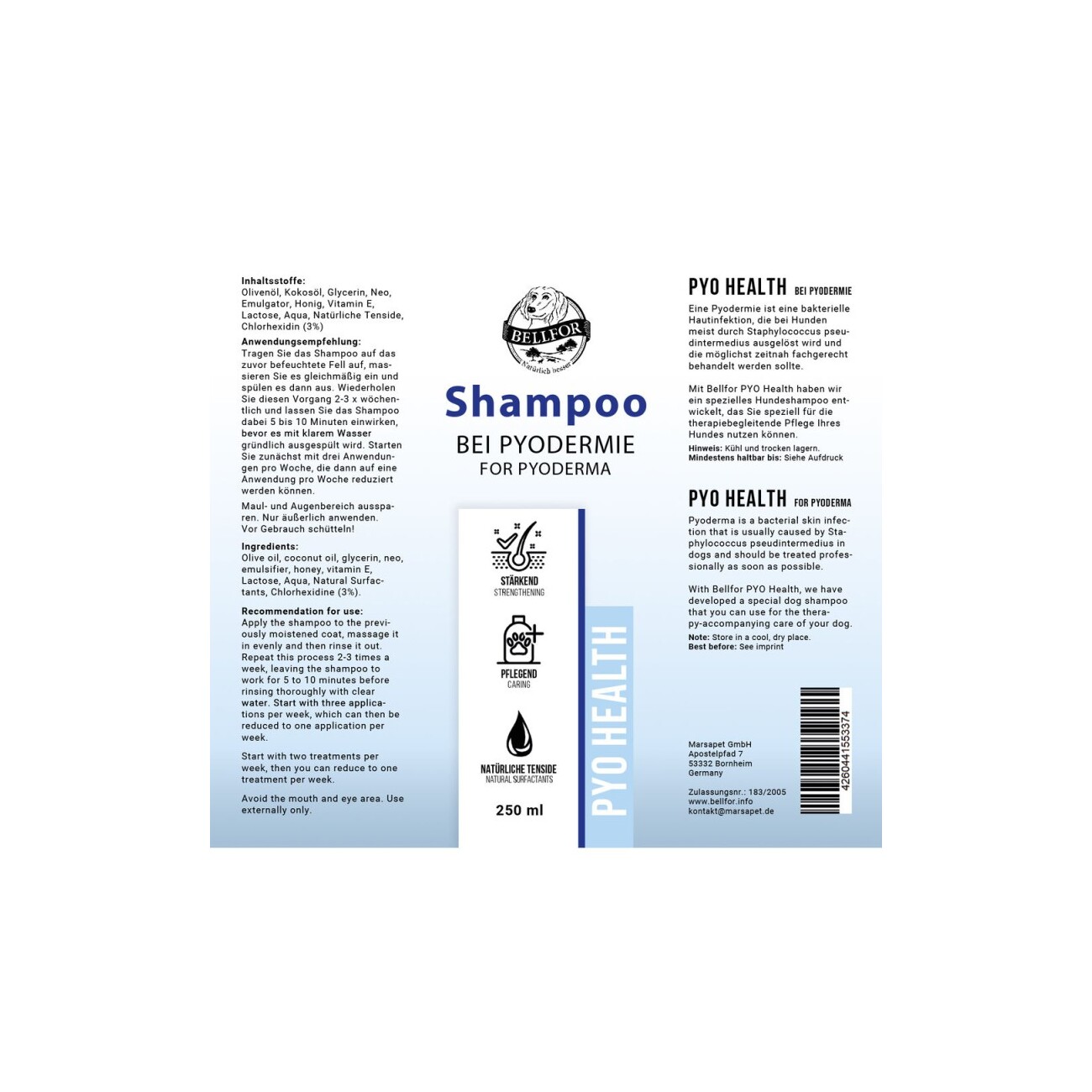 Bellfor Hundeshampoo Pyo-Health für Hunde mit bakteriellen Hautinfektionen - 250ml