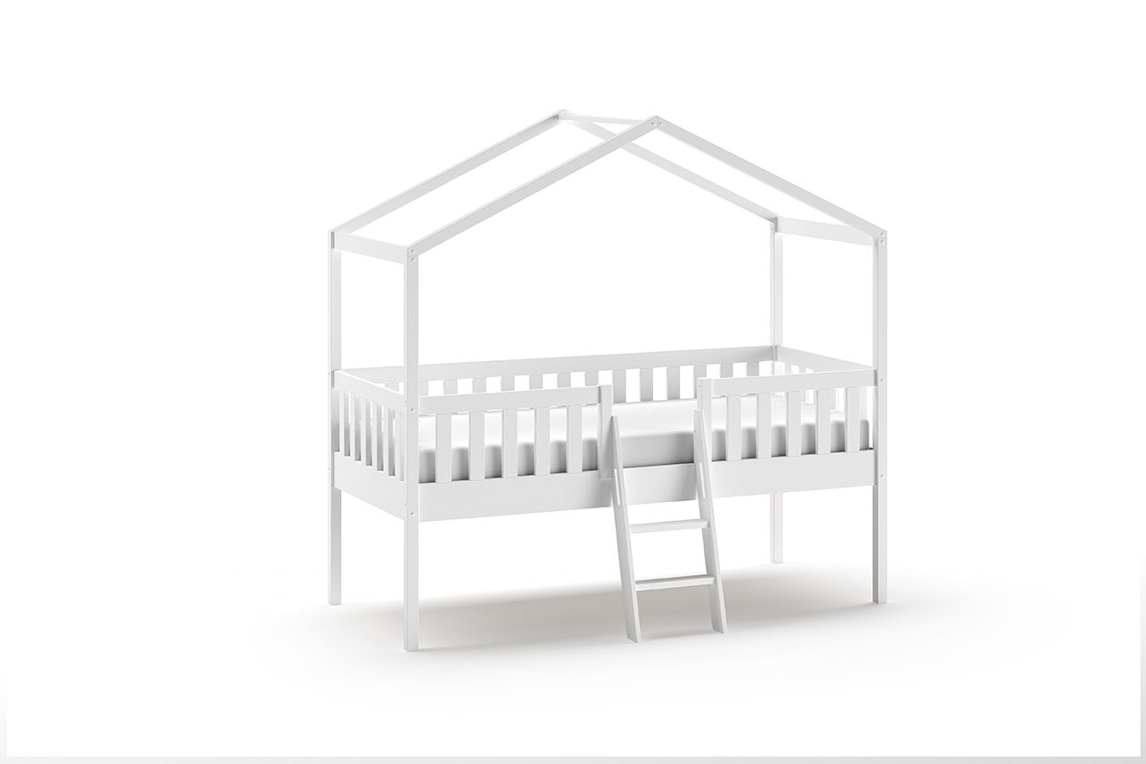 Hausbett DALLAS - weiß - Kiefer massiv - mit Leiter - 90x200 cm