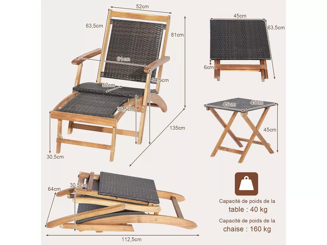 Chaise Longue en Rotin avec Table d'Appoint, Fibre naturelle et Bois d'Acacia Certifié FSC avec Repose-Pied Rétractable et Accoudoirs Charge 160KG, Bain de Soleil avec Table d'Appoint Carré Pliable Extérieur