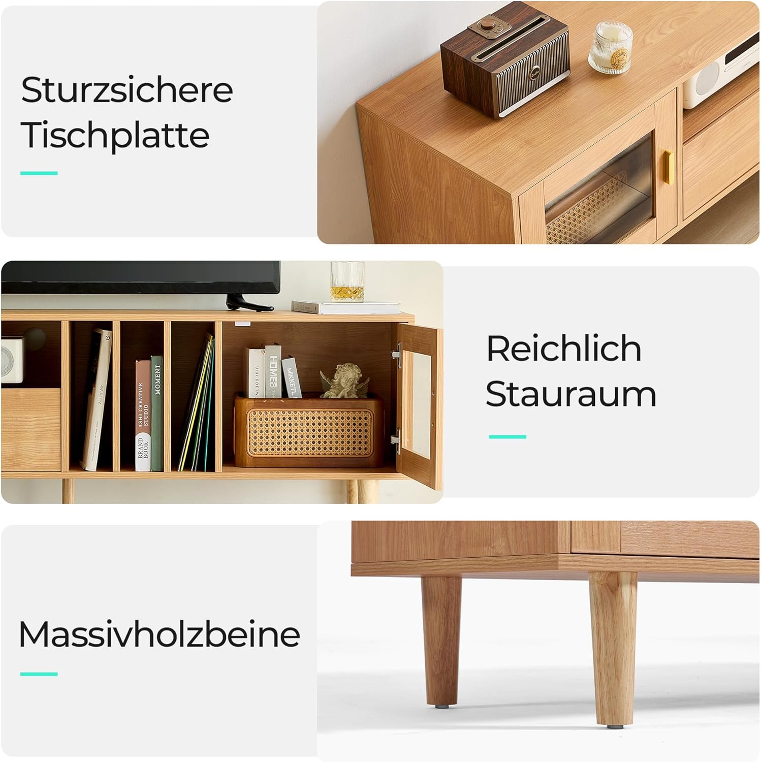 LINSY HOME TV Schrank, TV Lowboard mit 2 Türen und 1 Schubladen, Fernsehtisch mit Einlegeboden, Fernsehschrank für TVs bis 70 Zoll, 175 x 40 x 52 cm