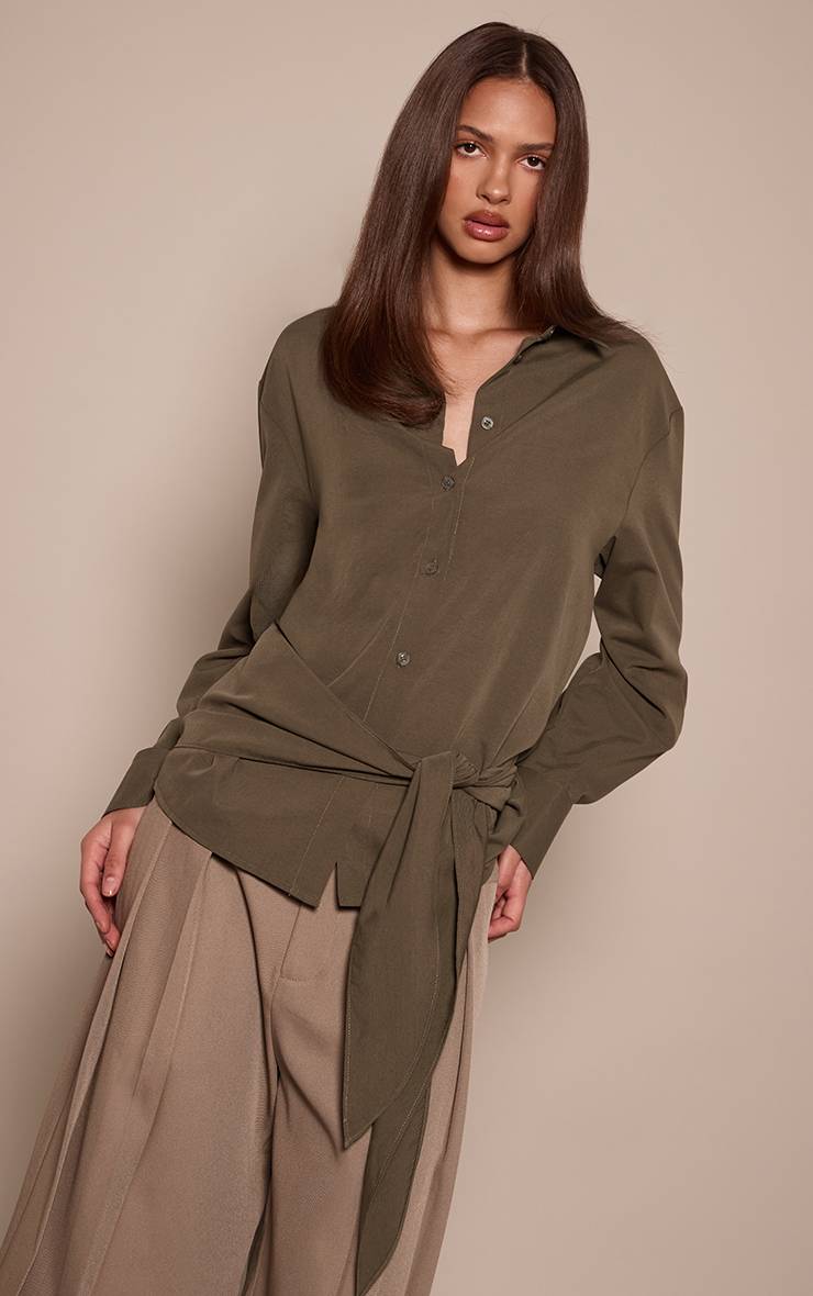 Vert Olive Foncé Chemise Oversize À Rayures Avec Taille Nouée