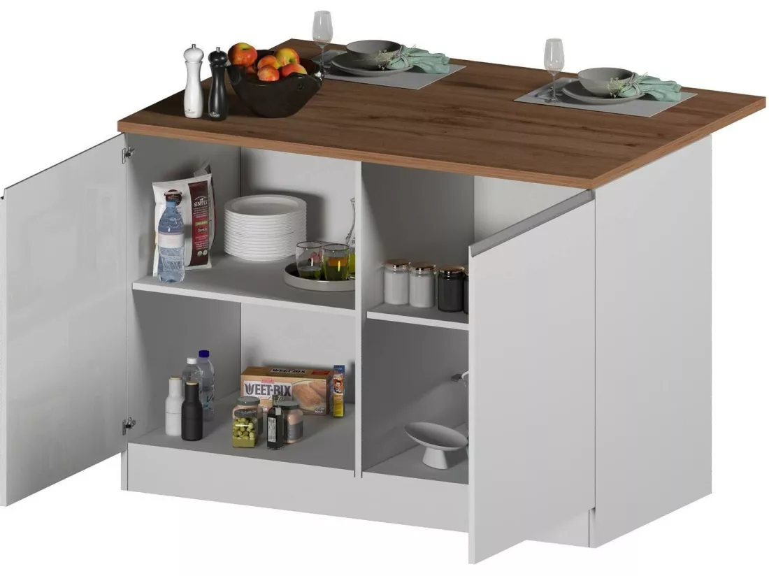 Îlot de cuisine Daffaticat, Armoire polyvalente, Meuble de kitchenette, Table auxiliaire, 100% Made in Italy, 125x90h90 cm, Blanc brillant et chêne