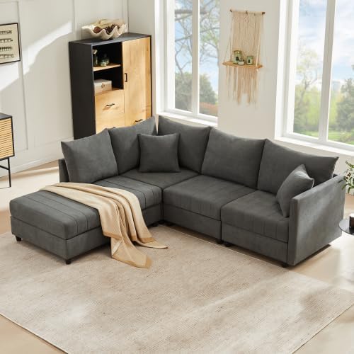 Modulares Ecksofa 5-Sitzer mit Hocker – verstellbar L- & U-Form, große Wohnlandschaft, Federkern Sofa, Baumwolle-Leinen Bezug, Grau