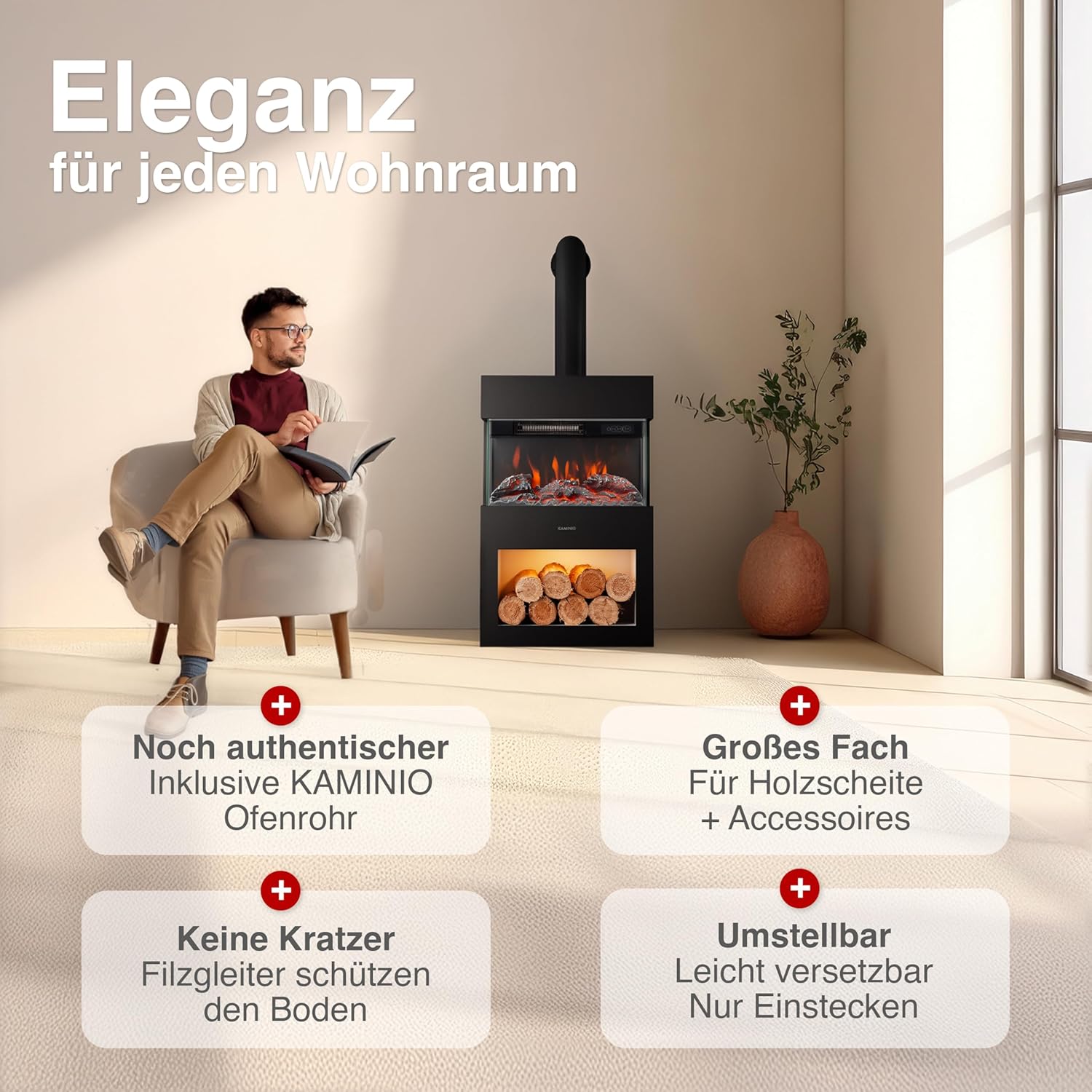 Elektrokamin Henri mit Ofenrohr - Elektrischer Kaminofen mit Heizung, 3D-Flammeneffekt, Holzfach, LED-Ambientelicht, Fernbedienung (Schwarz)
