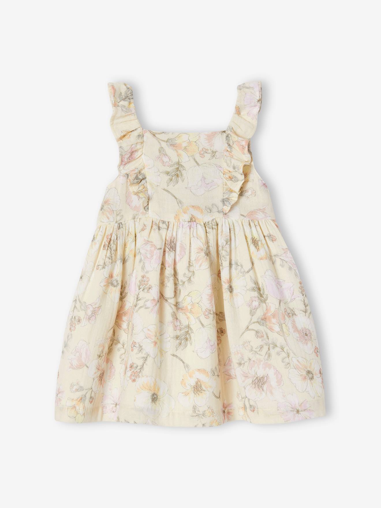 Vestido infantil em chiffon de algodão cru com estampa floral.