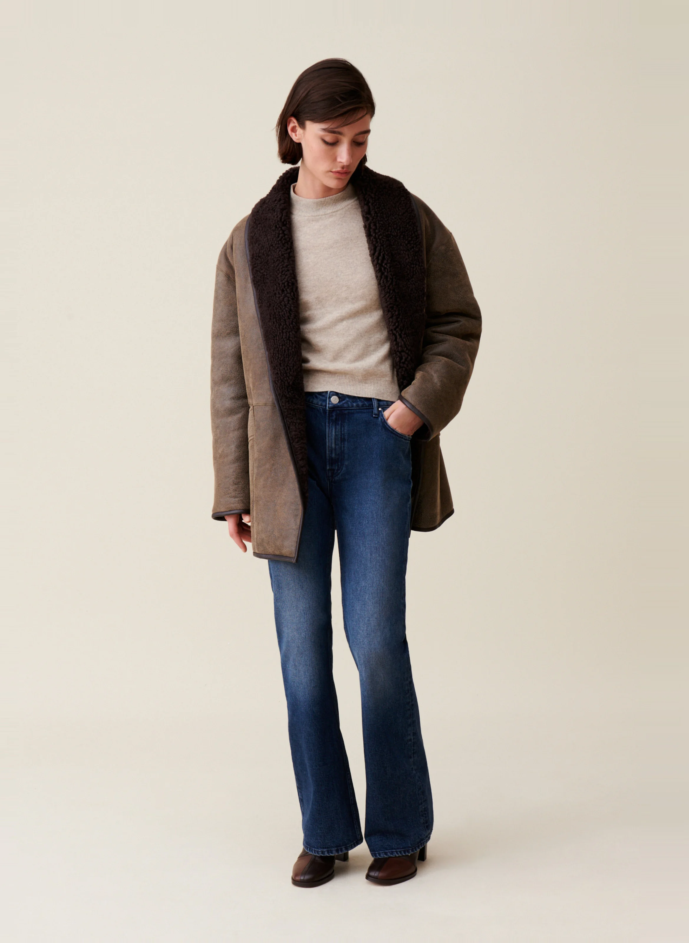 Peau lainée ceinturée taupe en cuir | Marron