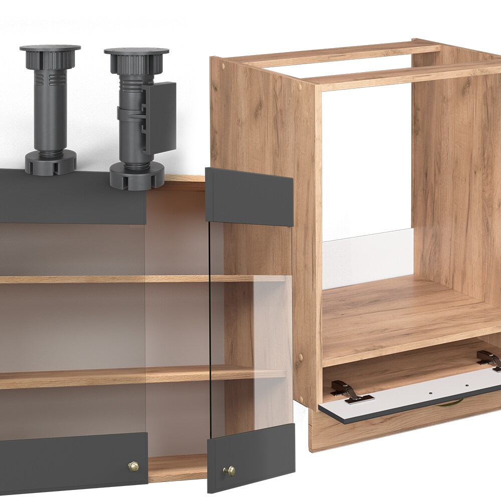 Vicco Eckküche Küchenzeile Einbauküche Fame-Line Landhaus Eiche Anthrazit Gold 190 cm Schubunterschrank Spülenunterschrank Eckunterschrank Herdumbauschrank Hängeglasschrank Hängeschrank