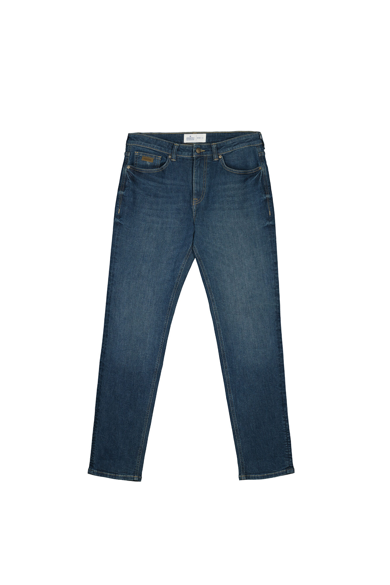Calça jeans slim, azul-esverdeada clara, lavagem média escura.