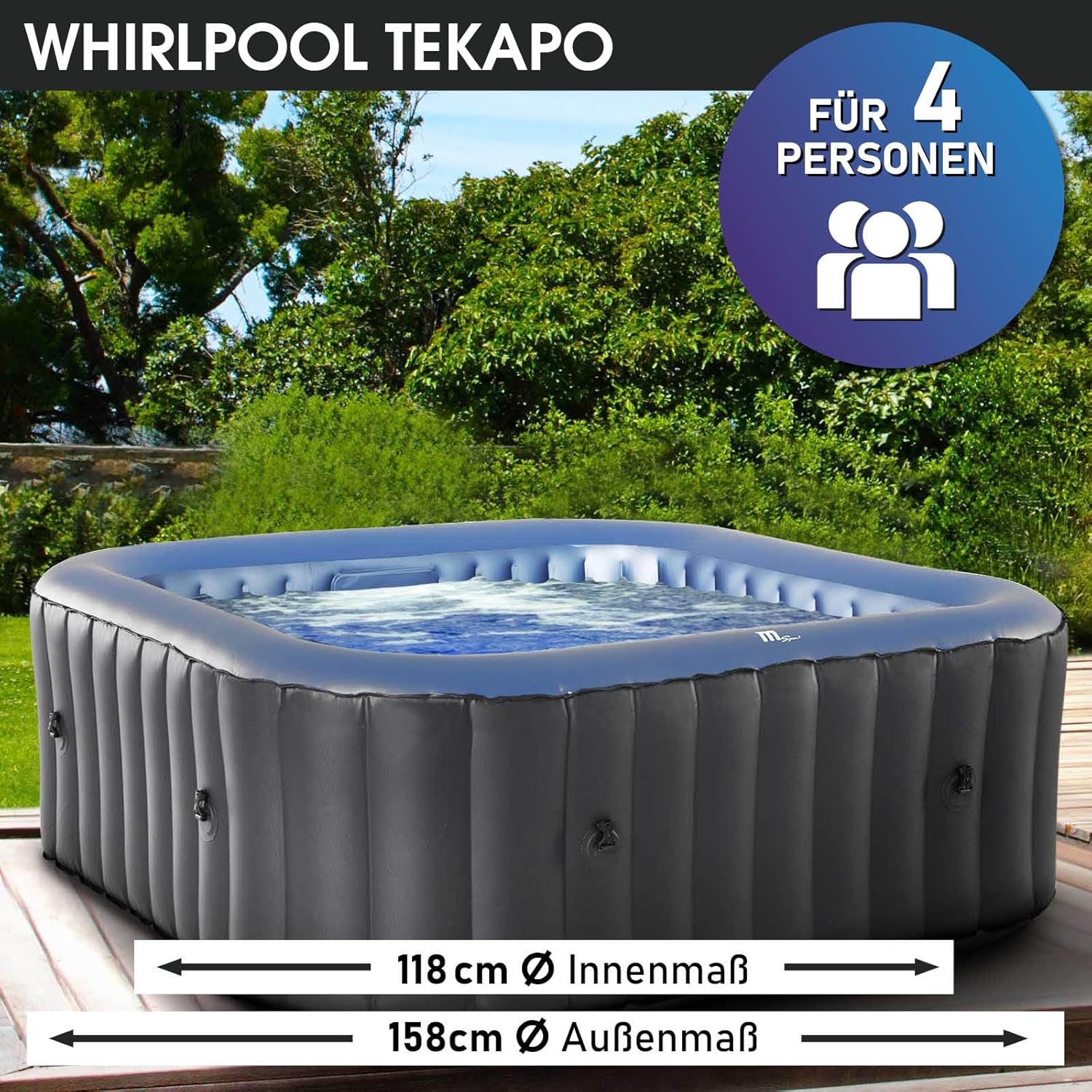 BRAST Whirlpool aufblasbar MSpa | 4-8 Personen | viele Modelle rund und eckig | Ø 125-224cm | In-Outdoor Pool | bis zu 144 Massagedüsen | inkl. Aufblasfunktion Abdeckung Timer Heizung | Tekapo4