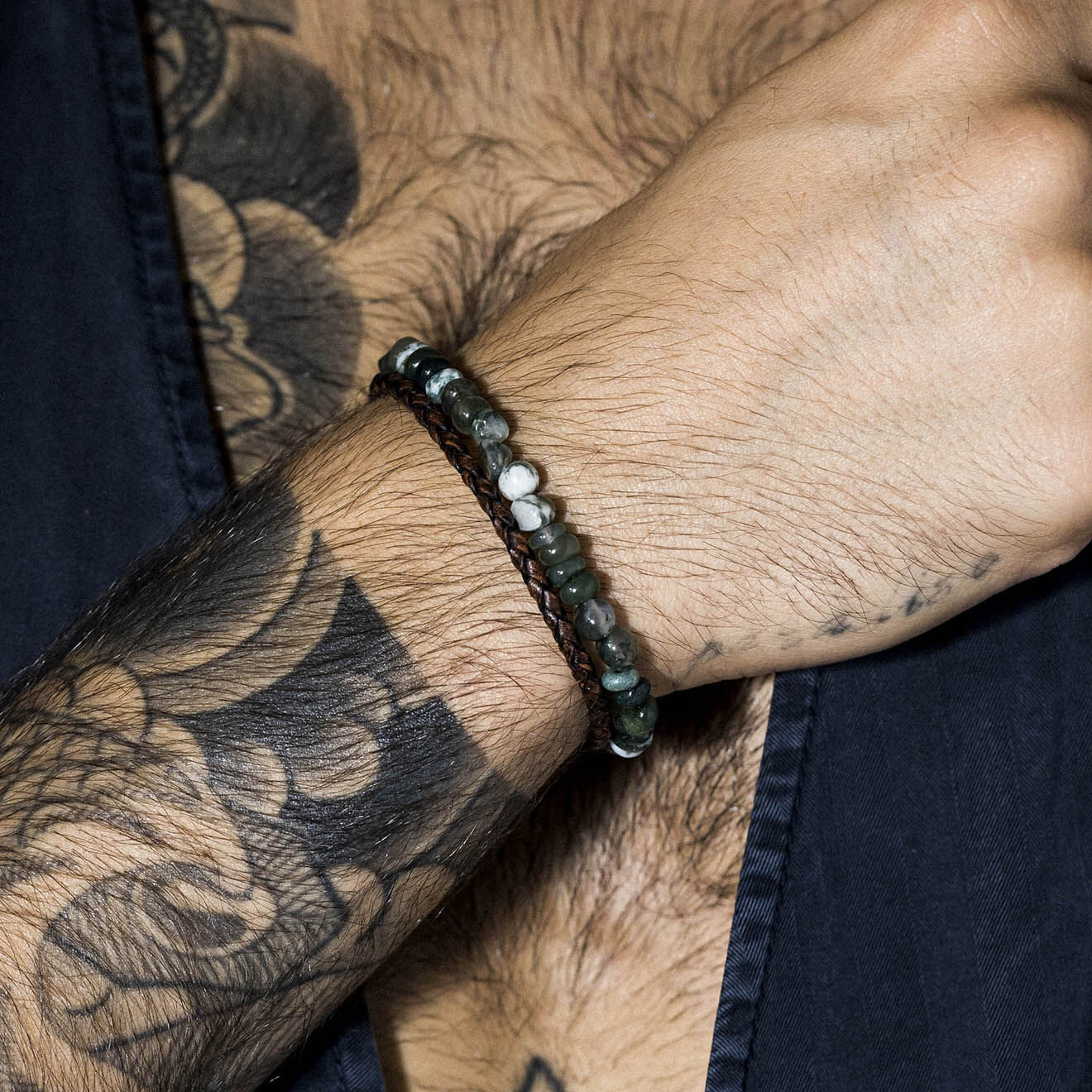 Jacobson Bracelet double Brown Blend en Acier, Cuir & Agate verte