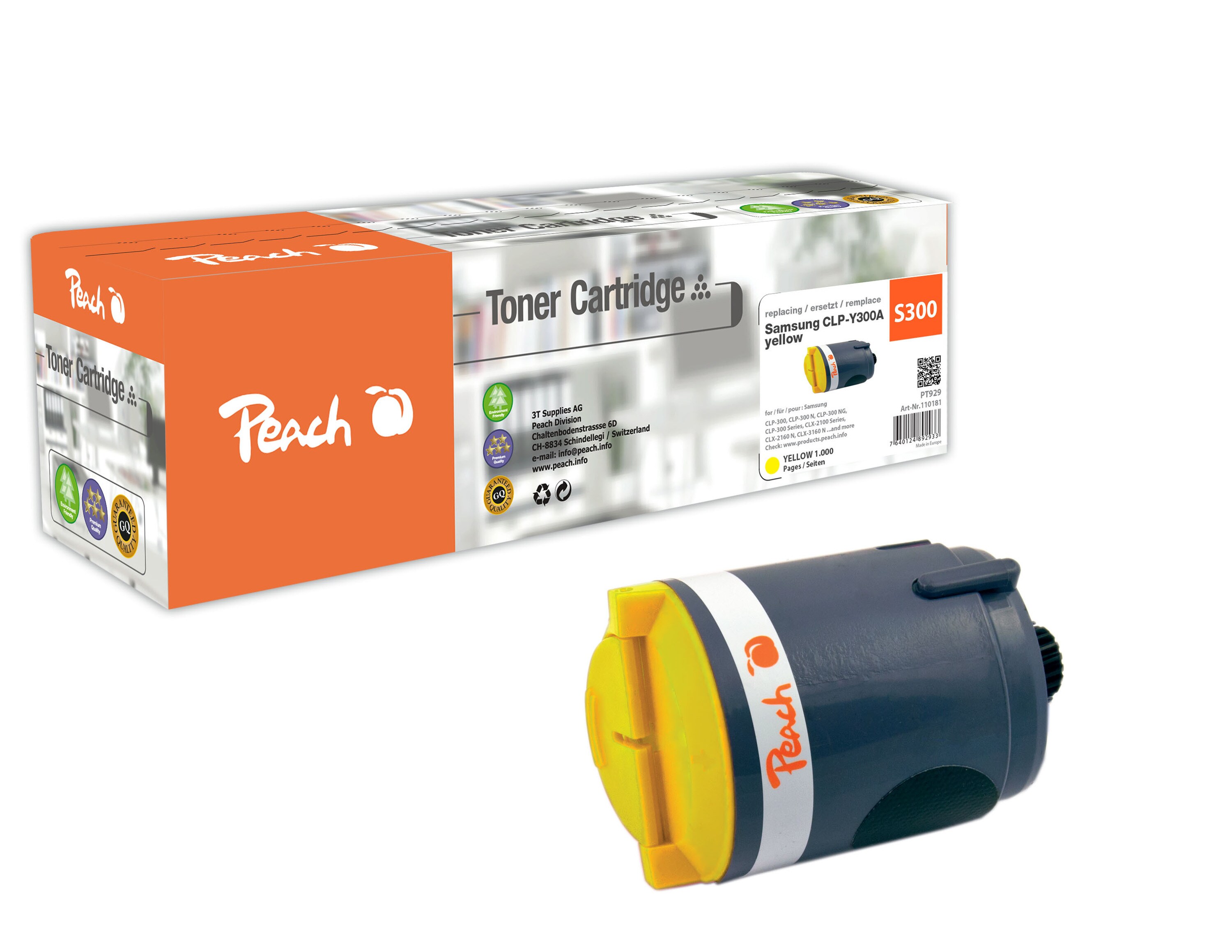 Peach S300Toner ye ersetzt Samsung CLP-Y300A/ELS für z.B. Samsung CLP -300, Samsung CLP -300 N, Samsung CLP -300 NG, Samsung CLX -2100 (wiederaufbereitet)