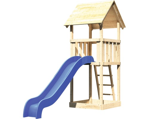 AKUBI Lotti houten speeltoren met zandbak en glijbaan, blauw