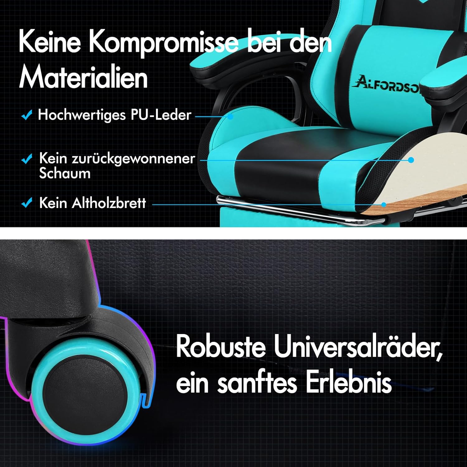 ALFORDSON Gaming Stuhl mit 8-Punkt Massage 12 Farben RGB LED-Licht, Bürostuhl Ergonomisch mit fußstützen, Kopfstütze Lendenkissen für Kinder Erwachsene, Cyan