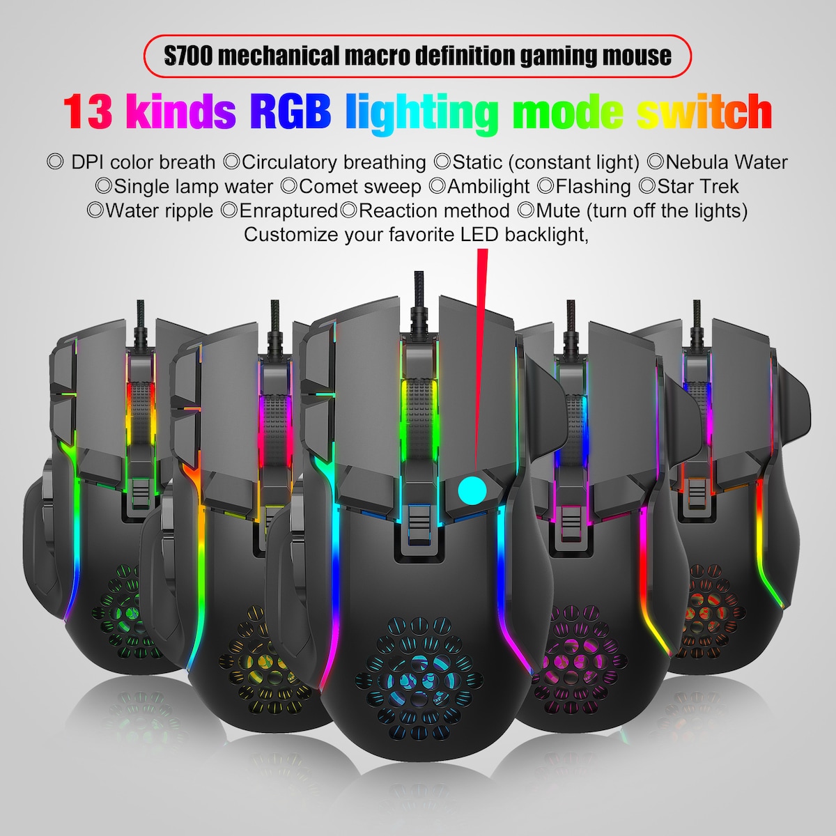 Lett kablet gamingmus med 13 RGB-belysning, 6 justerbare DPI