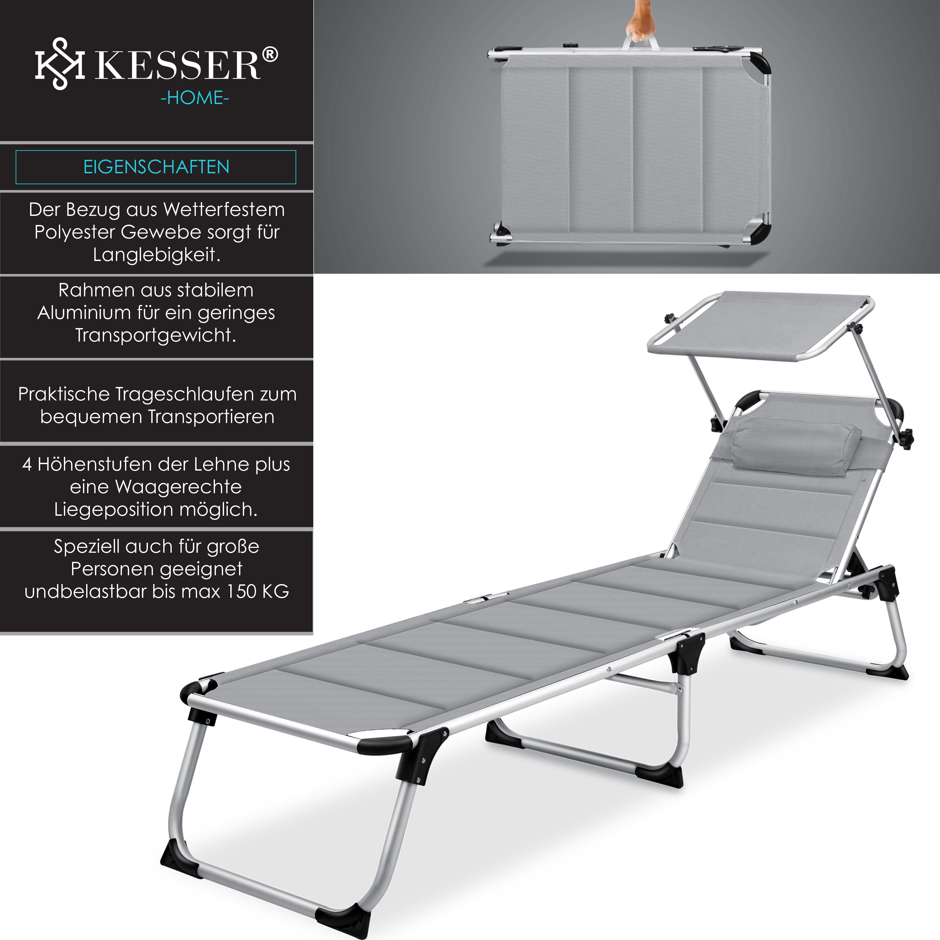 KESSER® Sonnenliege SUN mit Dach Gartenliege Liegestuhl klappbar Sonnendach Verstellbarer Rückenlehne , ergonomisch, gepolsterter Liegefläche, Aluminium Liege Gartenstuhl tragbar Strandliege