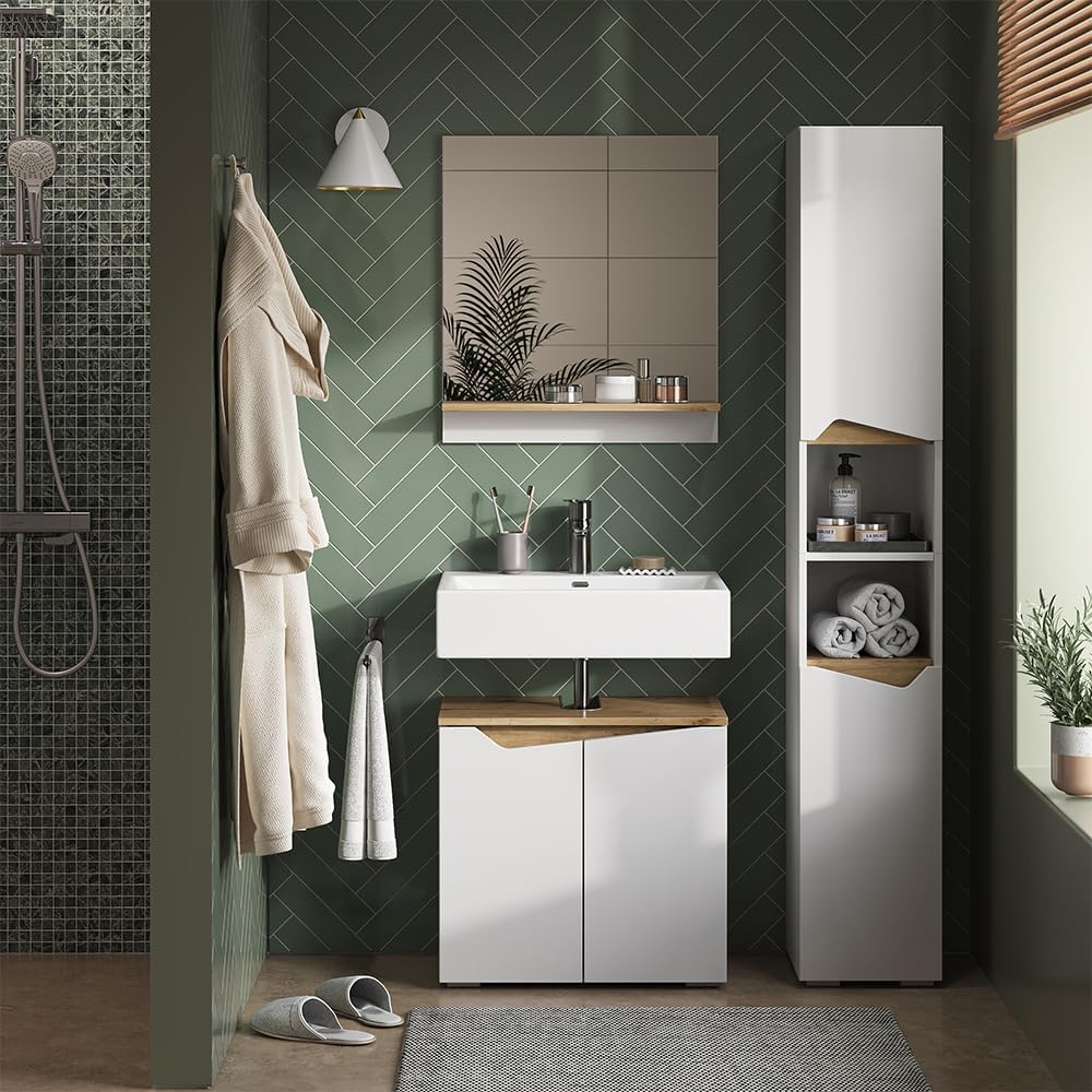 Vicco Badschrank Weiß Marelle 30x180x35 cm - Wäscheschrank, Grifflose Fronten für eine Moderne Optik