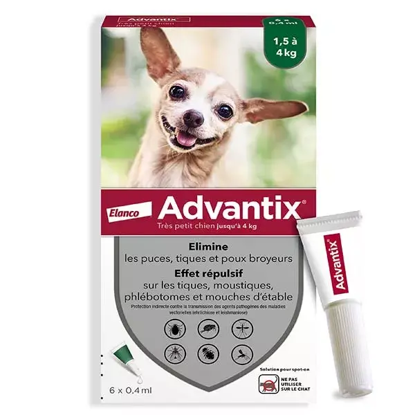 Solução Advantix para tratamento de pulgas e carrapatos em cães de raças muito pequenas (1,5-4 kg) - 6 pipetas