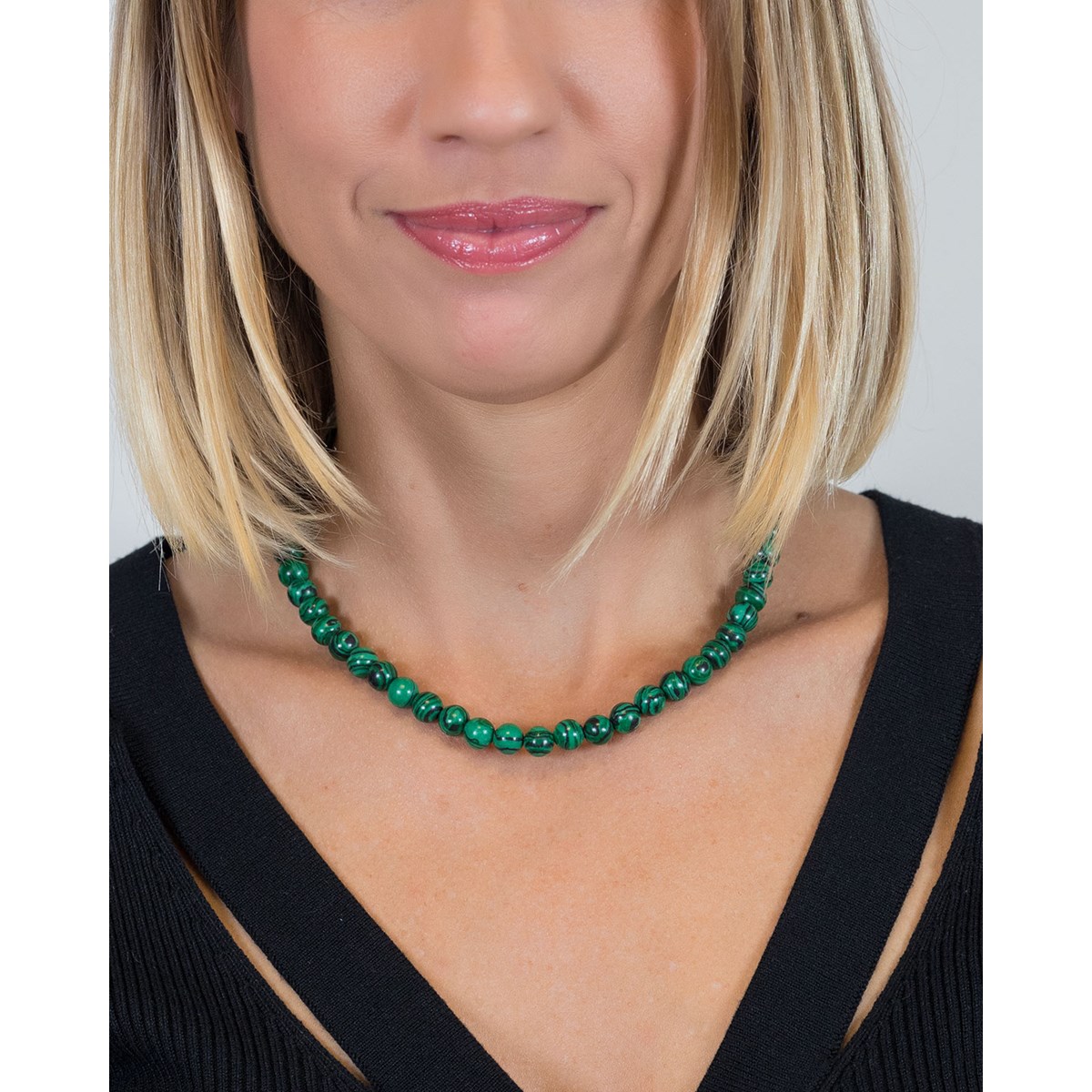 Collier Pierres malachites Acier longueur 40+5cm