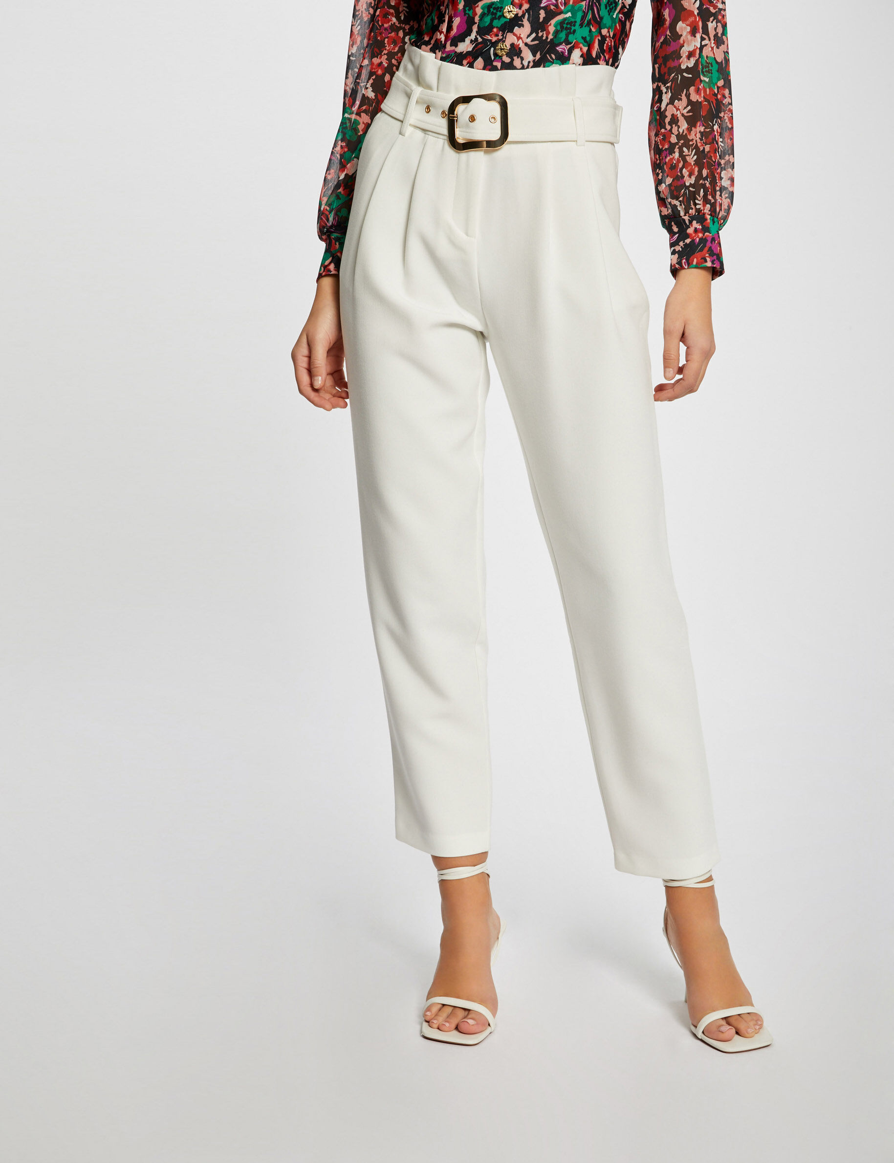 Pantalon droit taille haute ceinturé ecru femme - ecru