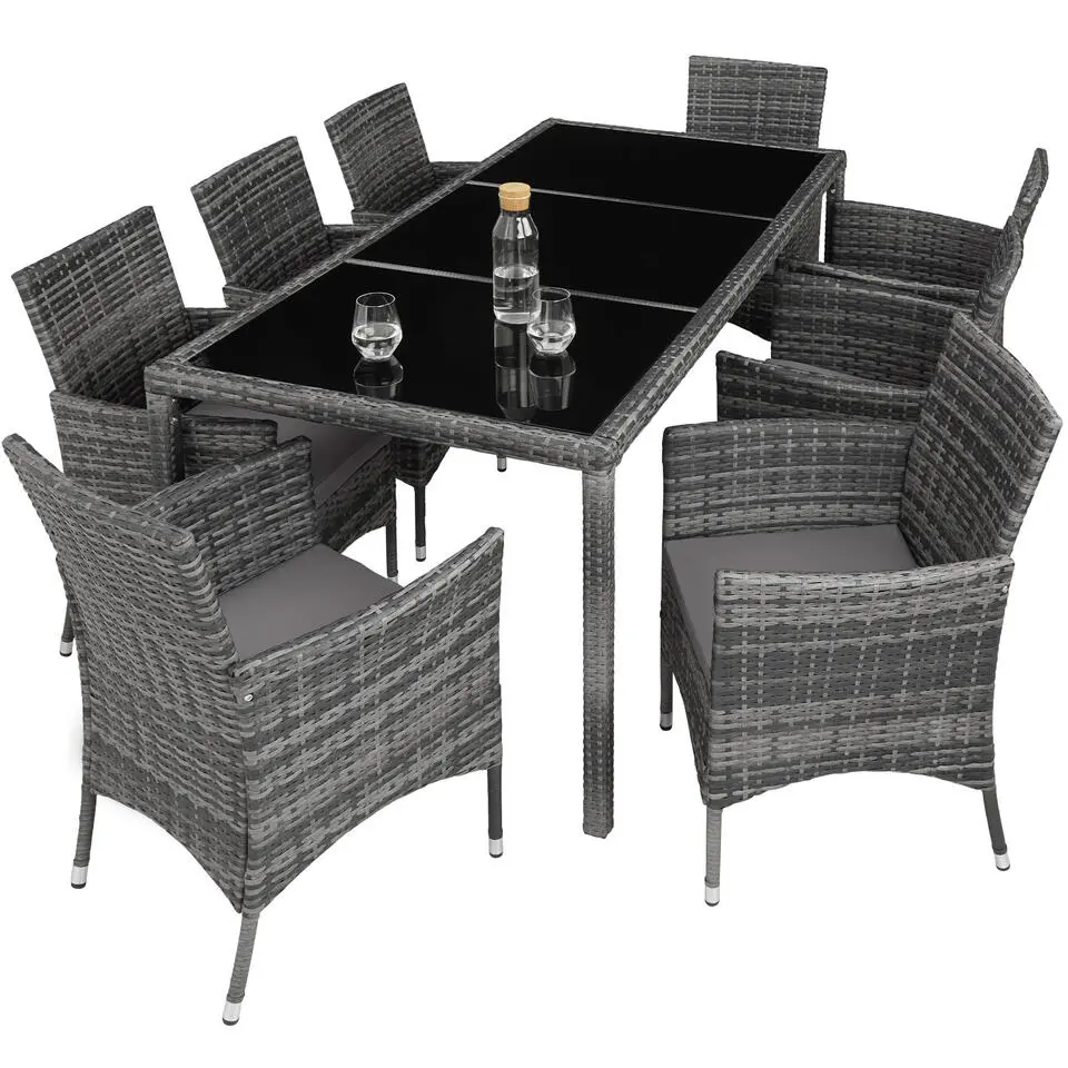 tectake - tuinset 8 stoelen en tafel - wicker - grijs