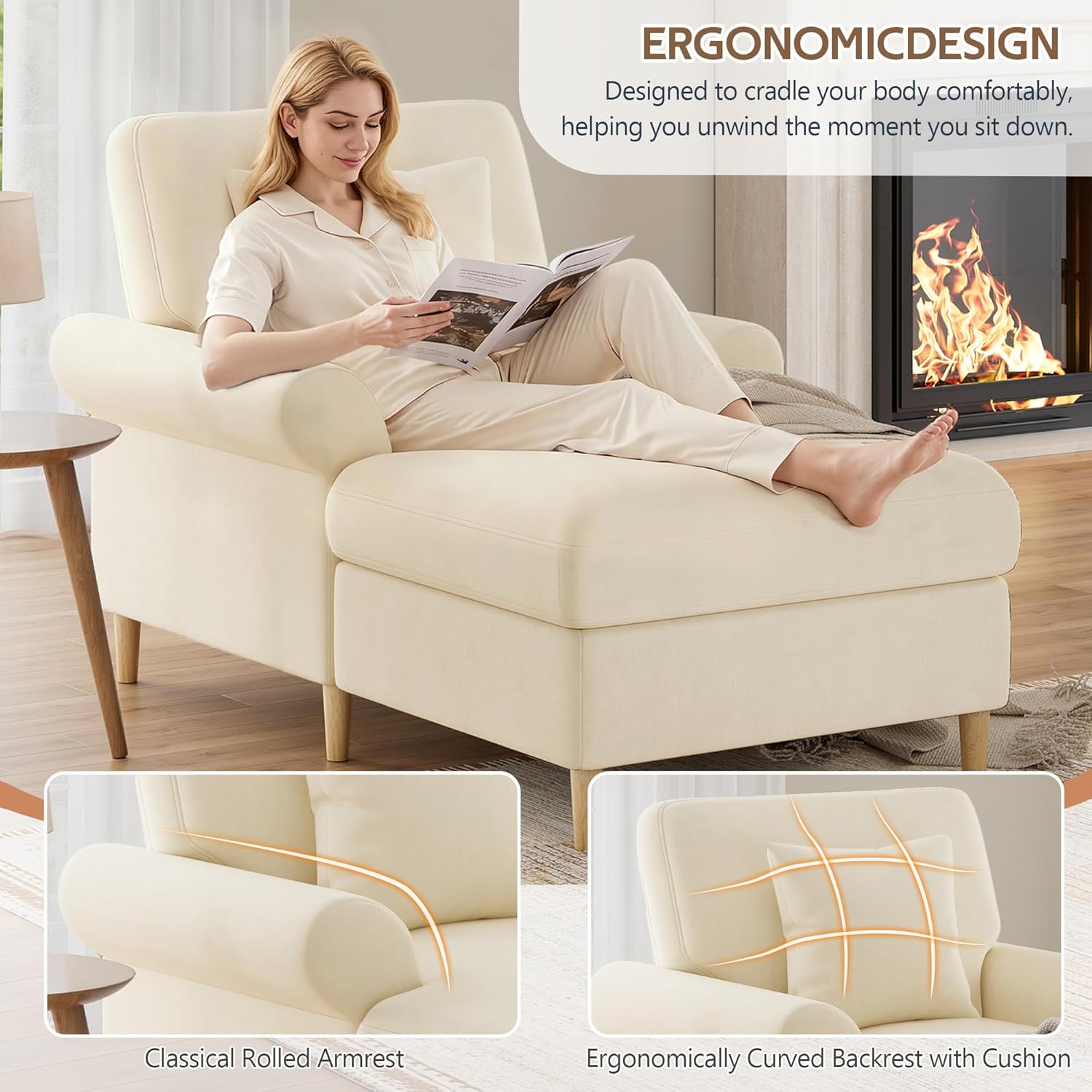 Gepolsterter Relaxsessel, klappbarer Schlafsessel, bequemer Lesesessel, Lounge-Sessel, XXL großer Lesesessel, samtbezogener Lounge-Sessel, Sitzsack für Wohn- und Schlafzimme (Beige)