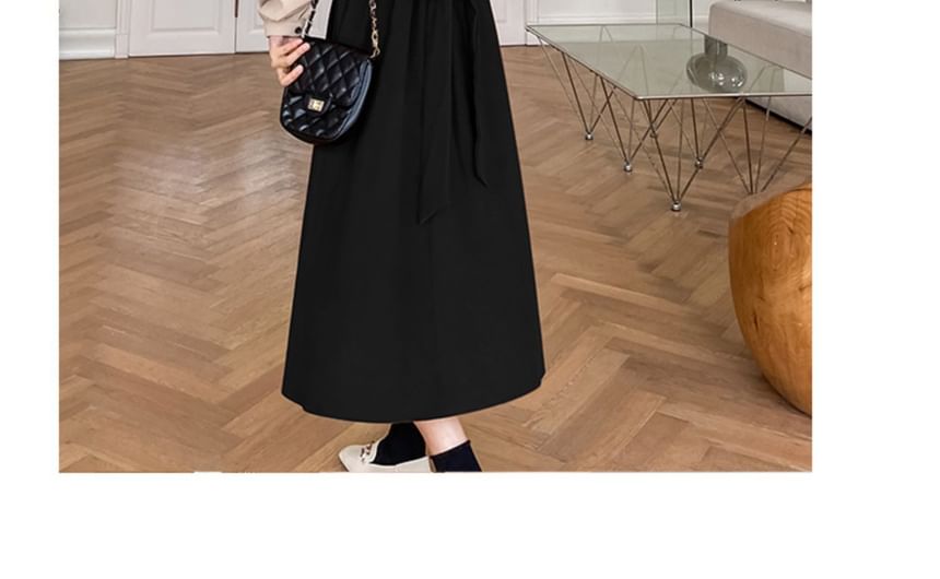 aistera - Mock Two-Piece Long-Mock Collared Bow Accent Tie Waist Midi A-Line Dress
