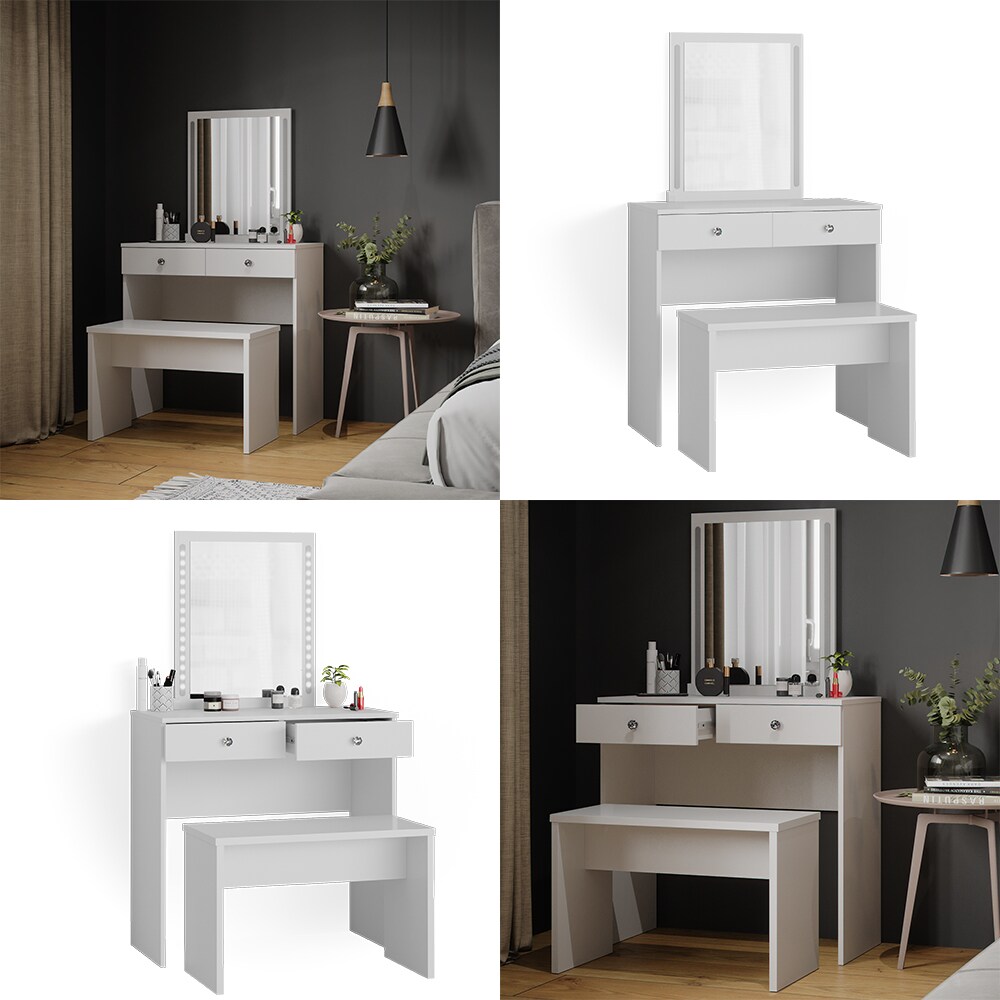 Vicco Schminktisch Frisiertisch Frisierkommode Elara Weiß LED Spiegel Sitzbank 80x79cm modern Schlafzimmer Kommode Schminkspiegel Schublade Ablage Aufbewahrung Kosmetiktisch Make-Up-Tisch