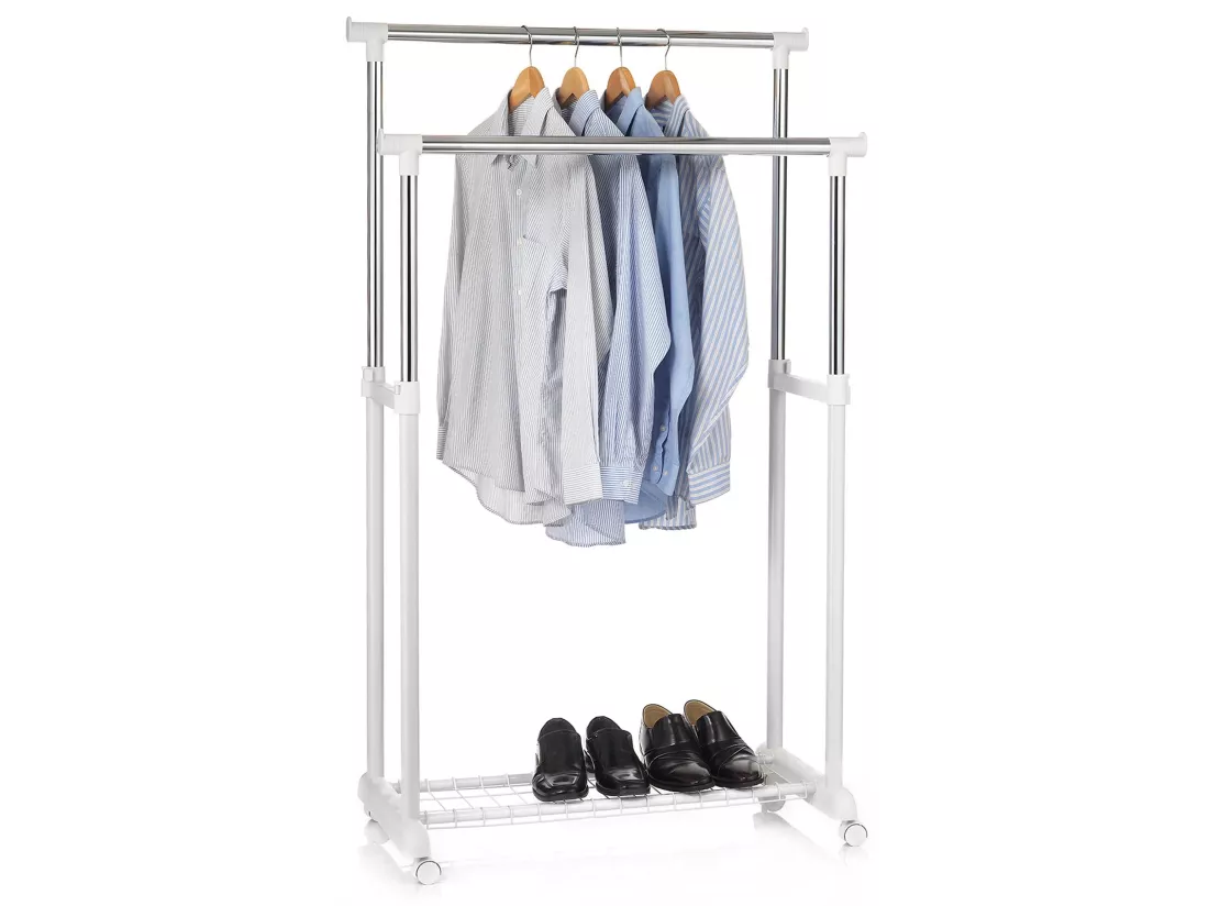 Portant à vêtements GROSSO penderie double sur roulettes vestiaire mobile barres de hauteur réglable et 1 tablette, chromé et blanc