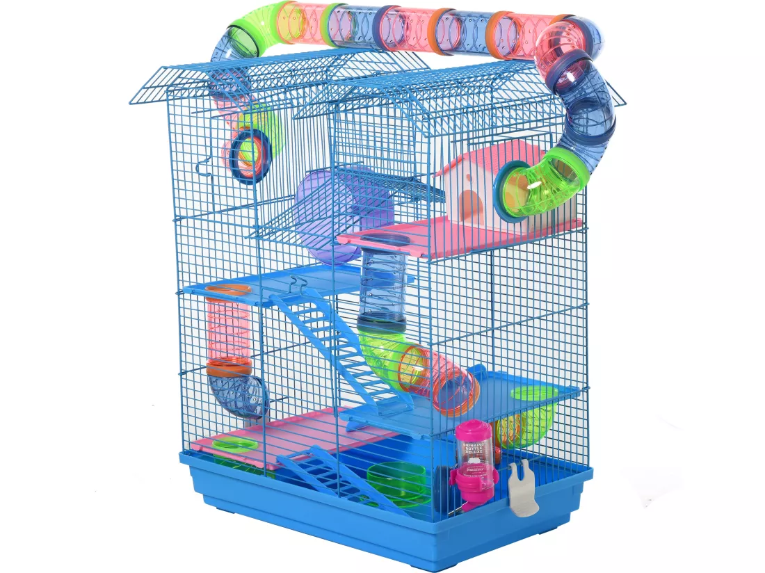 Cage pour Hamster Souris Petit Animaux Rongeur avec Tunnel Mangeoire Roue Jouet 47 x 30 x 59 cm cm Bleu