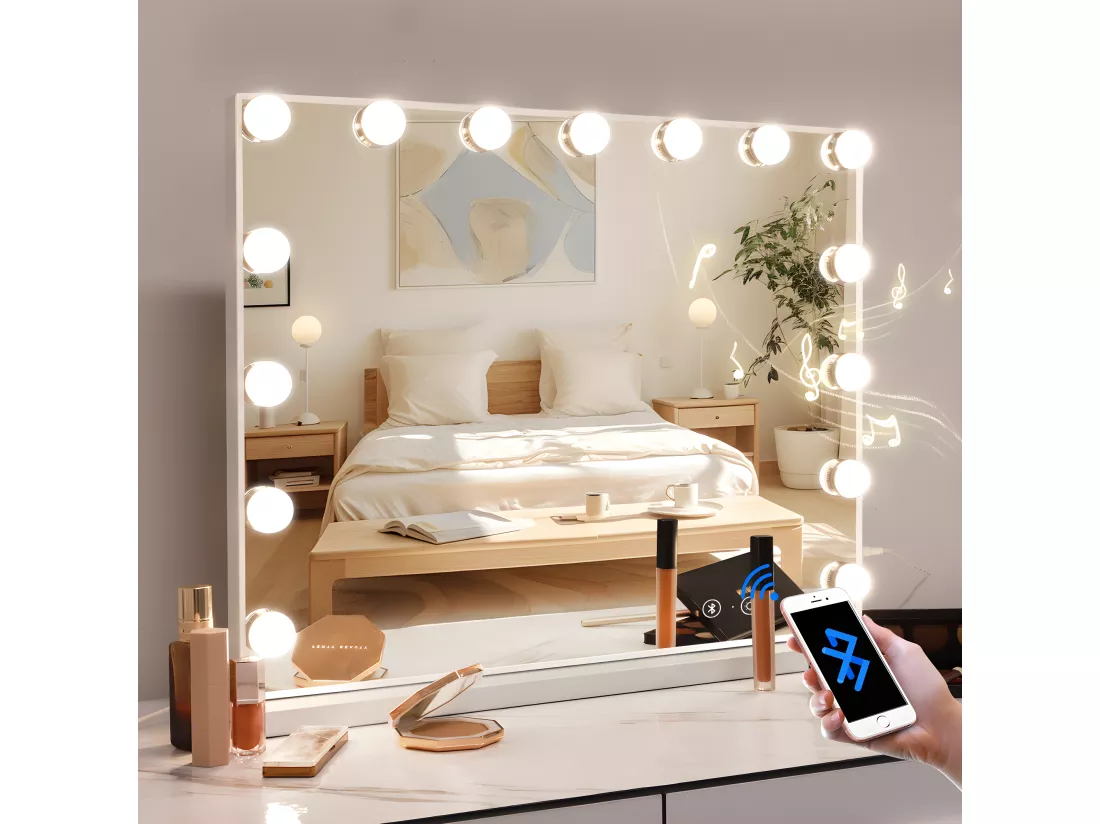 Miroir de maquillage hollywood coiffeuse mural avec lumière 58x46cm - Bluetooth