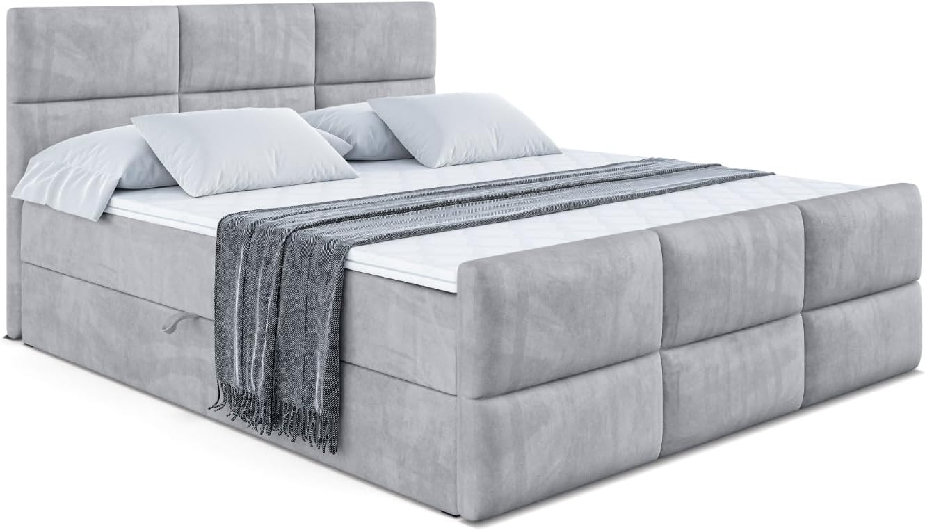 ALTDECOR Boxspringbett mit Matratze und Lattenrost, Boxbett, Topper, Fußteil, Polsterbett mit Bettkasten, Bett mit Stauraum H3-Matratze, Springboxbett - Ohio-Z - 140x200 - Grau Monolith 84