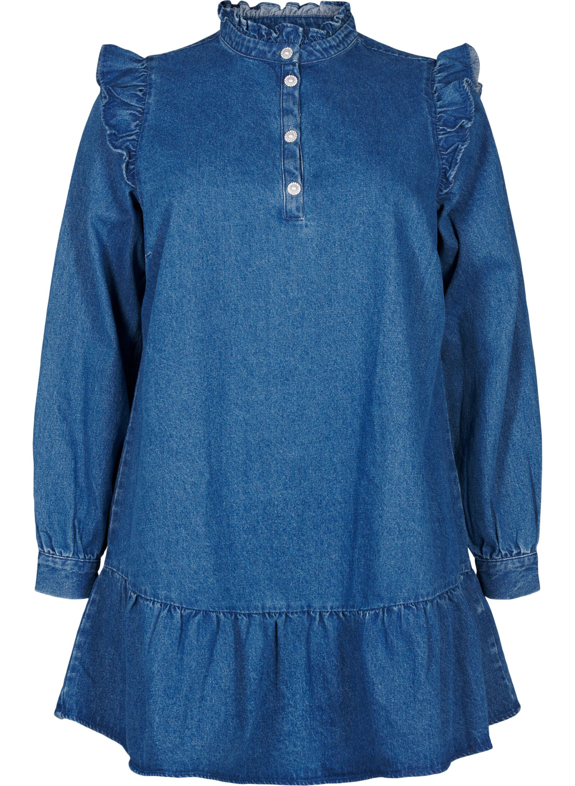 Denimkjole med flæser og a-snit