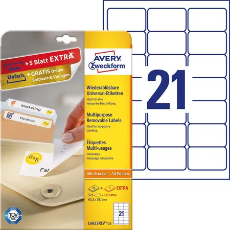 Avery Zweckform L6023REV-25 Universal-Etiketten,A4 63,5 x 38,1 mm, 30 Bogen/630 Etiketten, weiß