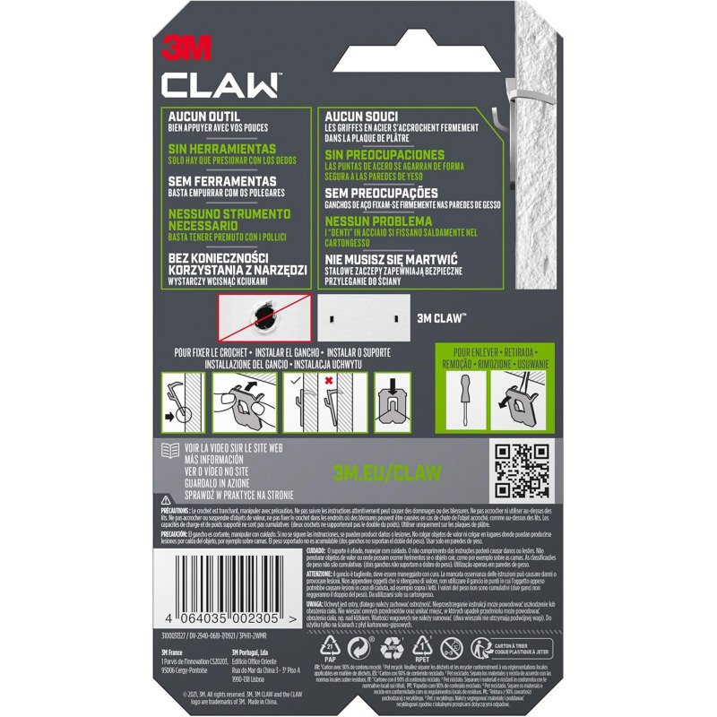 Crochet pour tableaux spécial plaque de plâtre 3M CLAW 11 kg - paquet de 2 crochets