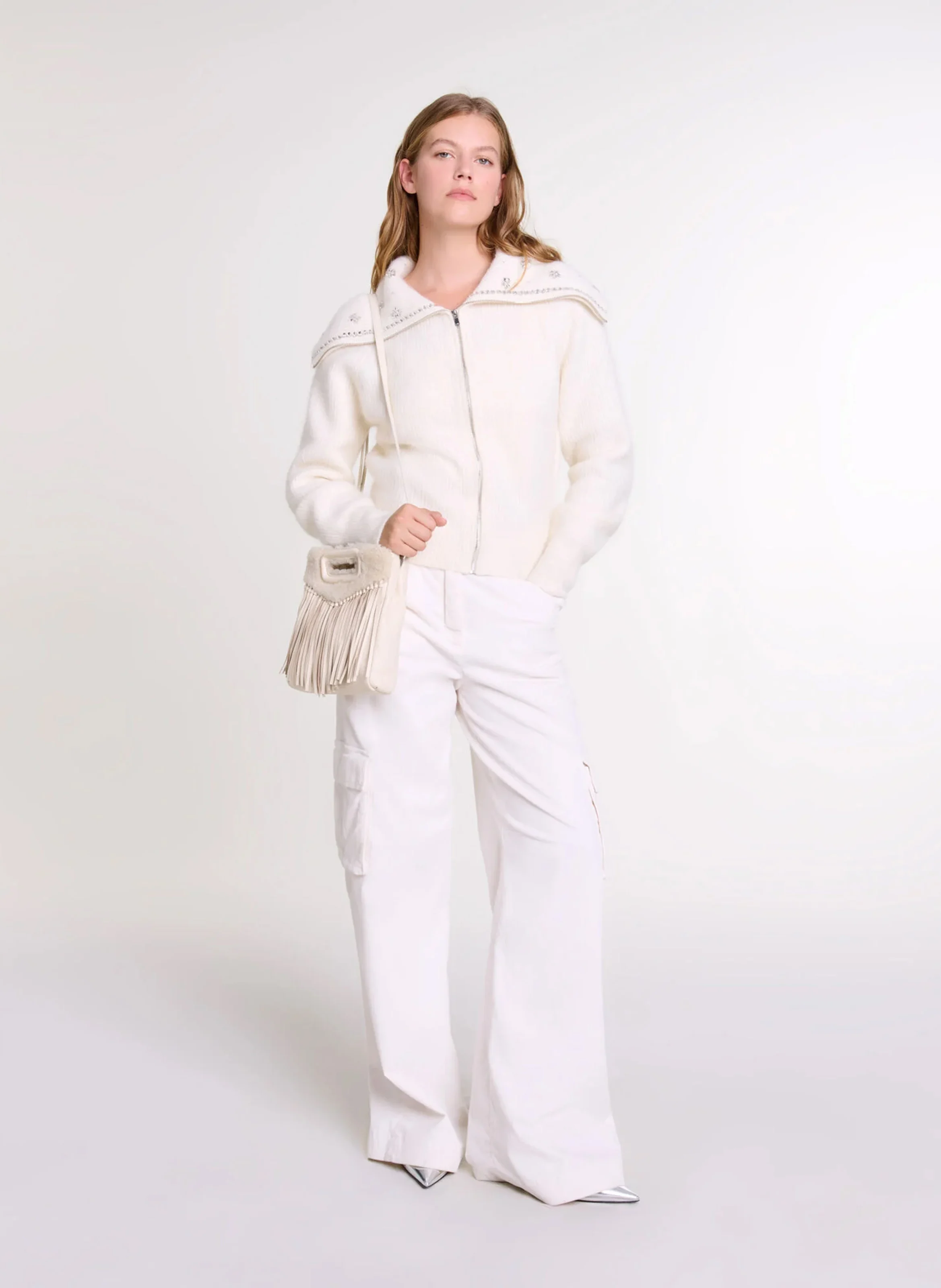Cardigan droit en laine mélangée | Beige