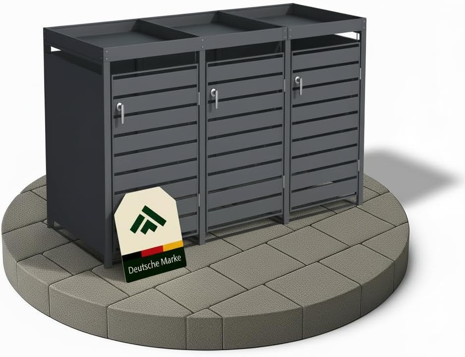 Mülltonnenbox Metall Anthrazit für 3×240L - Mülltonnenunterstand mit Pflanzdach, integrierter Auffangkette zur Kippbegrenzung, pulverbeschichtet, wetterfest - B196×T80×H124 cm