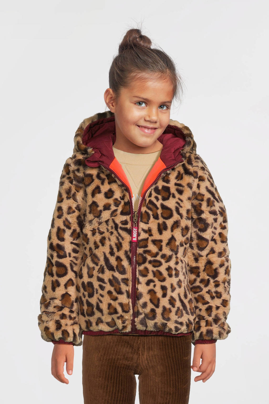 B.Nosy reversible gewatteerde winterjas Jamie met panterprint warmrood/oranje/bruin