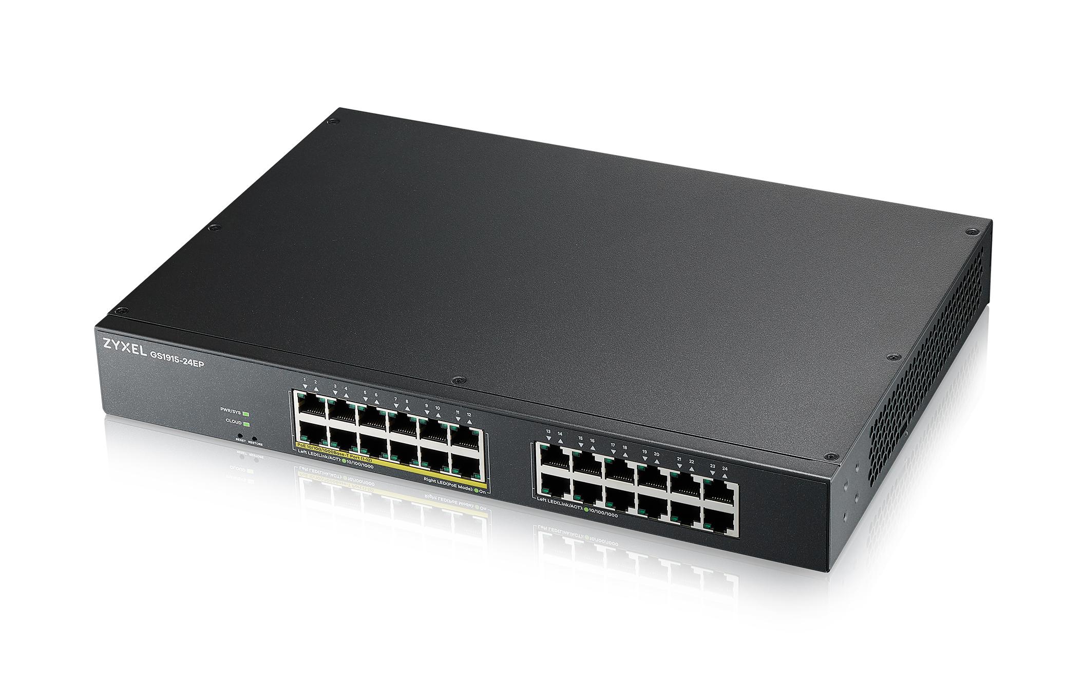 PoE+ Switch GS1915-24EP 24 Port<br>Smart-Managed GbE-PoE-Switch mit 24 Ports (12x PoE+) mit Nebula