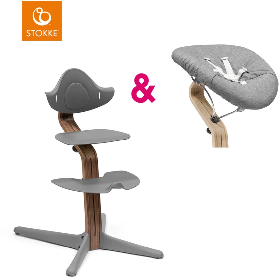 STOKKE® Nomi® Hochstuhl Walnuss  grau inkl. Newborn Set grau  grau blau