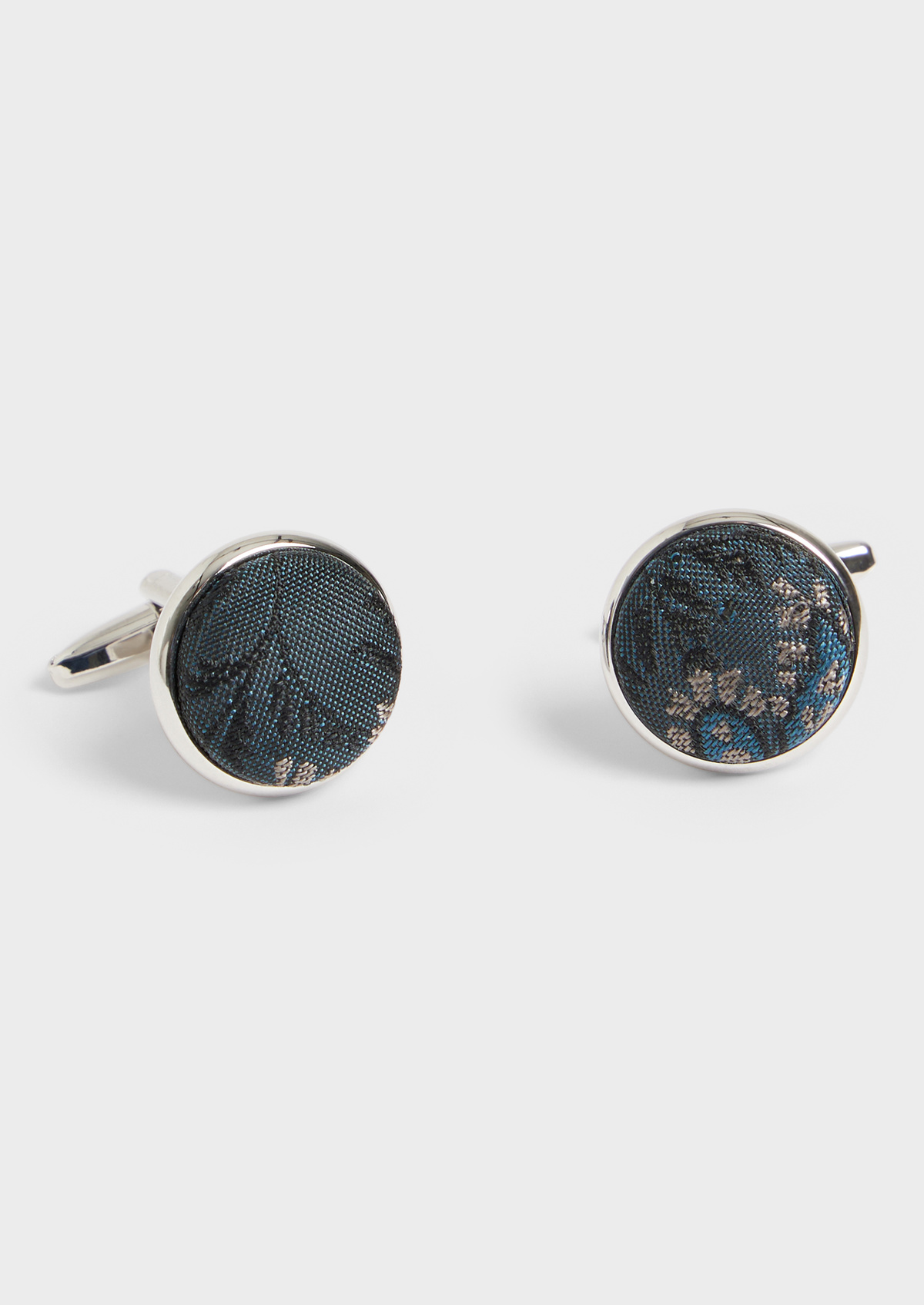 Boutons de manchettes ronds en soie mélangée bleu prusse à motif fleuri gris et bleu