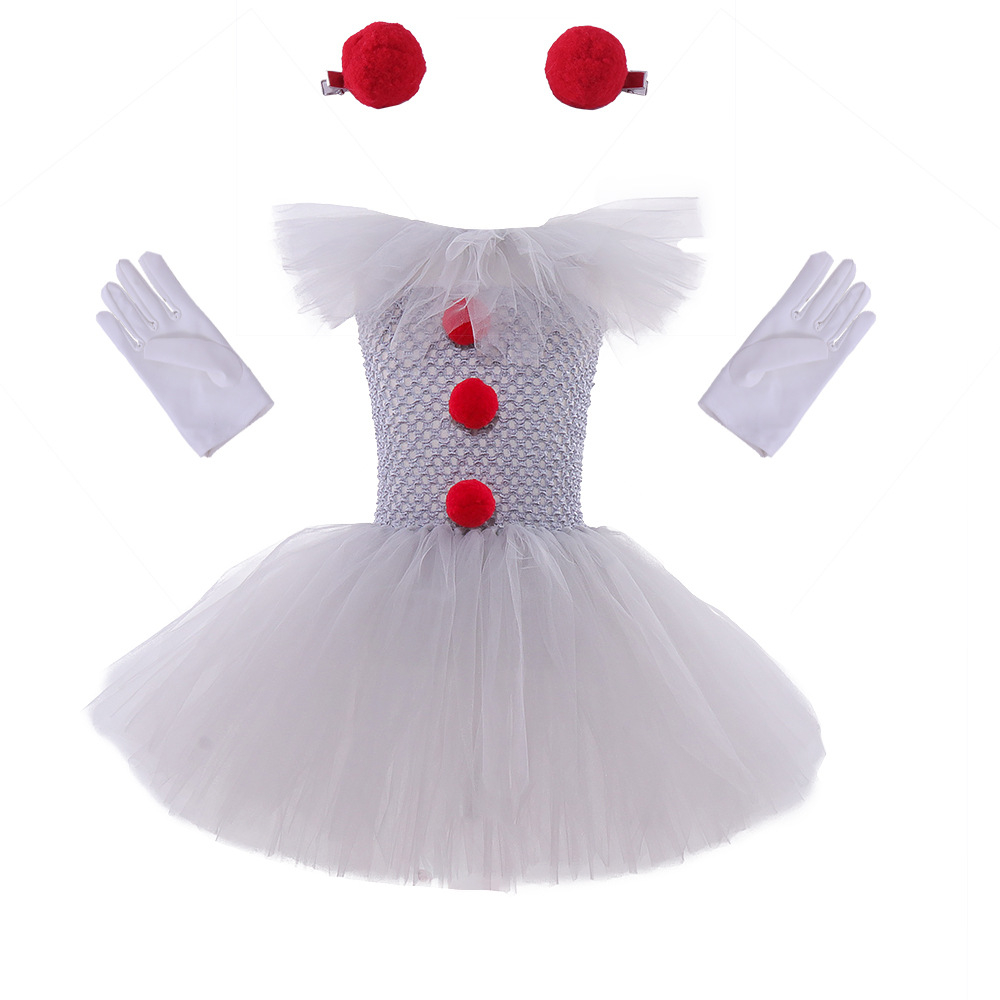 (100-110cm) Fasnachts Kinder Kostüm Clown Verkleidung für Motto Partys / Halloween inkl. Handschuhe / Haarklammern / Stoff Kragen - Grau / Rot