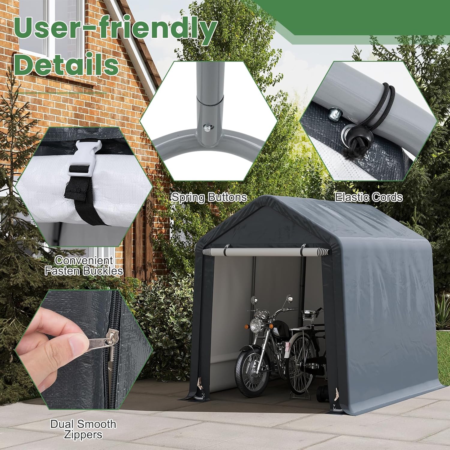 SOARS Zeltgarage, Garagenzelt 195x240x214cm, Wasserdichtes Lagerzelt mit Reißverschlusstür, Metallrahmen, Fahradgarage Fahrradschuppen Aufbewahrungsgarage Gerätezelt Gerätehaus inkl. Erdspieße