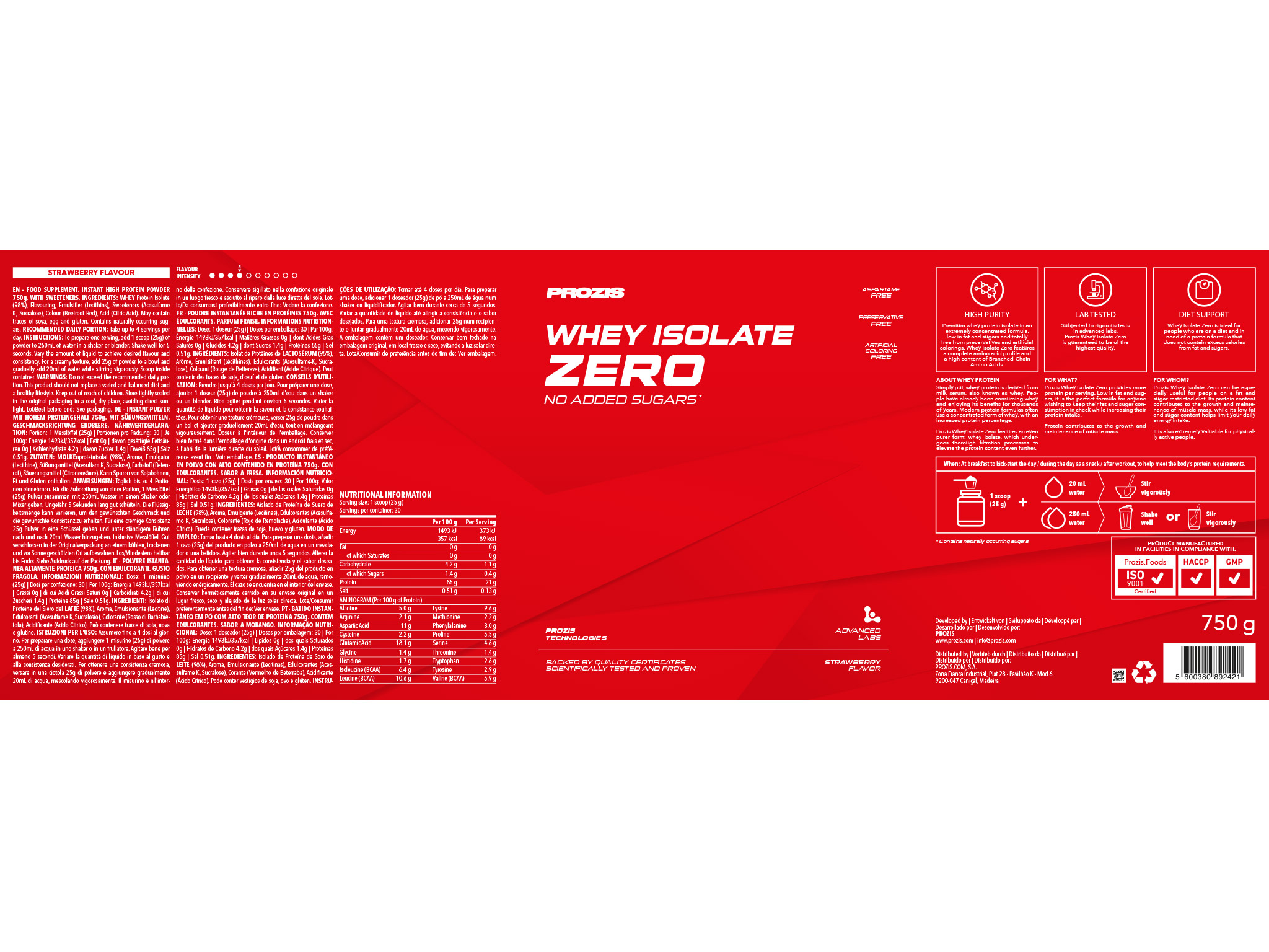 PROTEÍNA PROZIS ZERO WHEY ISOLATE MORANGO 750G