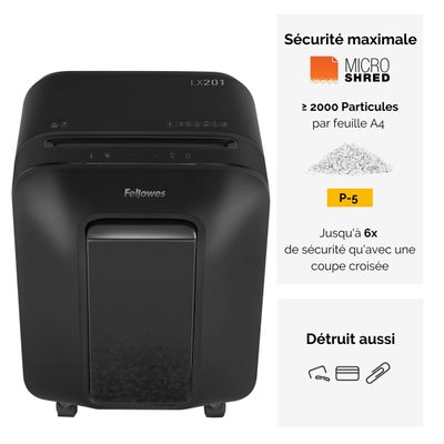 Fellowes Powershred LX201 - destructeur de documents coupe croisée microparticules - 12 feuilles - Corbeille 22 litres - noir