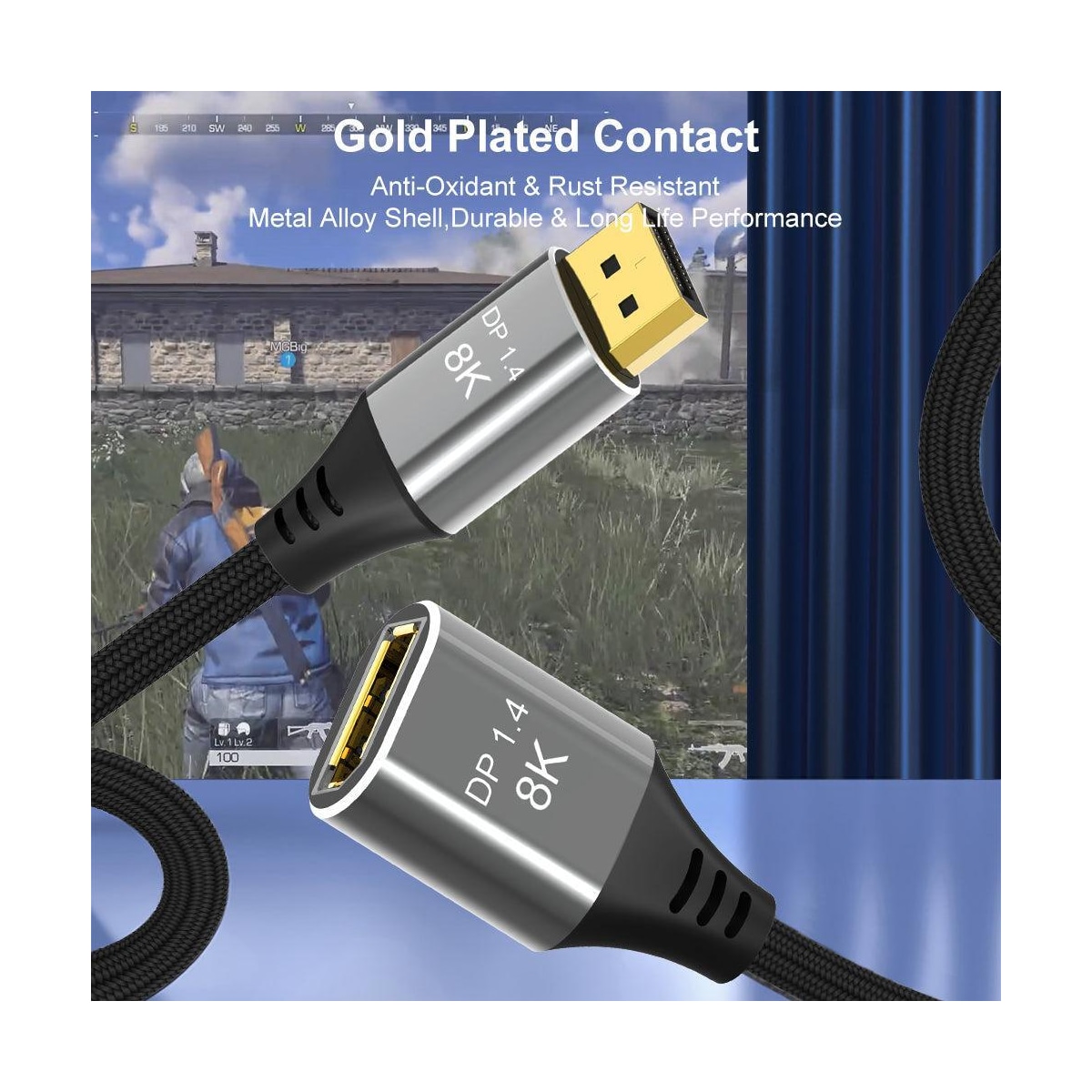 NÖRDIC 2m Displayport 1.4 skjøtekabel UHD 8K60Hz 4K144Hz 32.4Gbps 10-bit HDR dobbeltskjermet