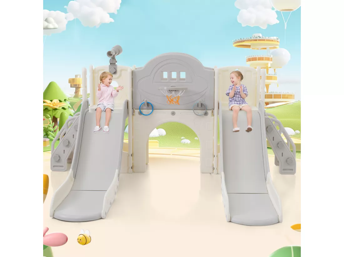Aire de jeux pour enfants 8 en 1 avec toboggan, mur d'escalade, jeu de trous de forage, sol gris